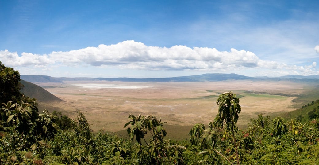 Panoramic photo from the rim of the crater as seen from your Ngorongoro Conservation Area safari.