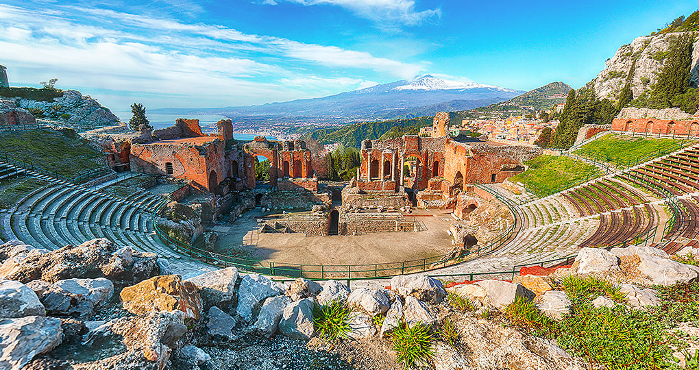 Join the leagues of history at the second largest theater in Sicily at the ruins of the Greek Theater in Taormina Join the leagues of history at the second largest theater in Sicily at the ruins of the Greek Theater in Taormina