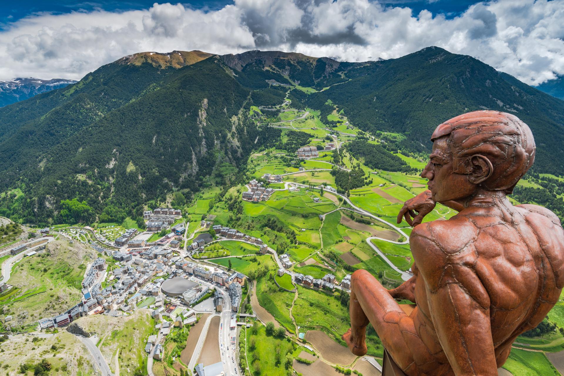 Aerial view of the observation deck and statue in Roc Del Quer, Andorra