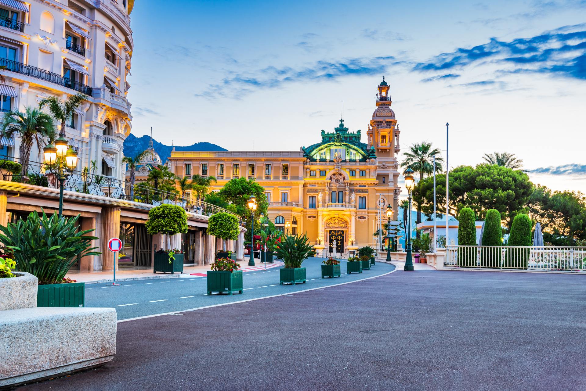 Street view at sunset in Monte Carlo, French Riviera