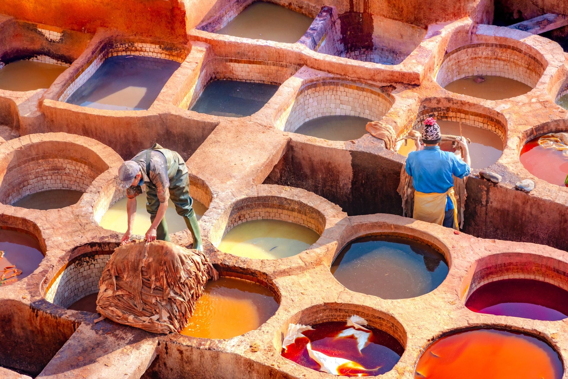 Leather dying in a traditional tannery. Leather dying in a traditional tannery in the city of Fez, Morocco
