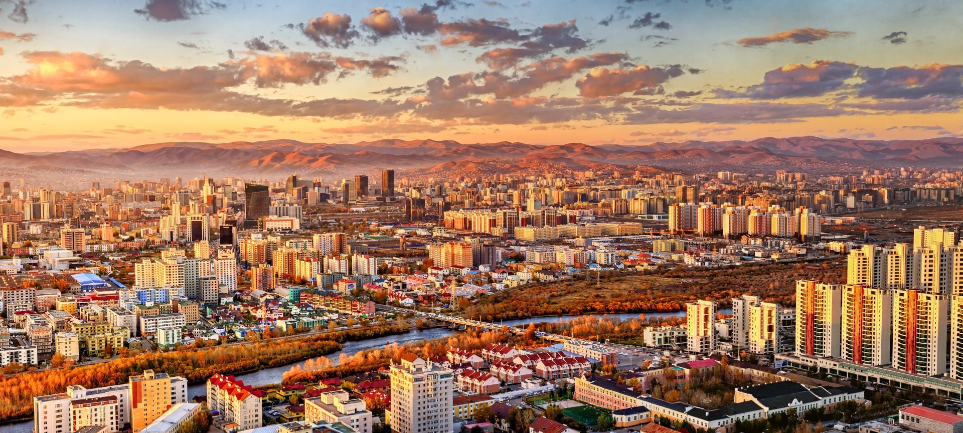 Ulaanbaatar Sunset areial view of Ulaanbaatar, capital of Mongolia, the coldest capital city in the world by average yearly temperature