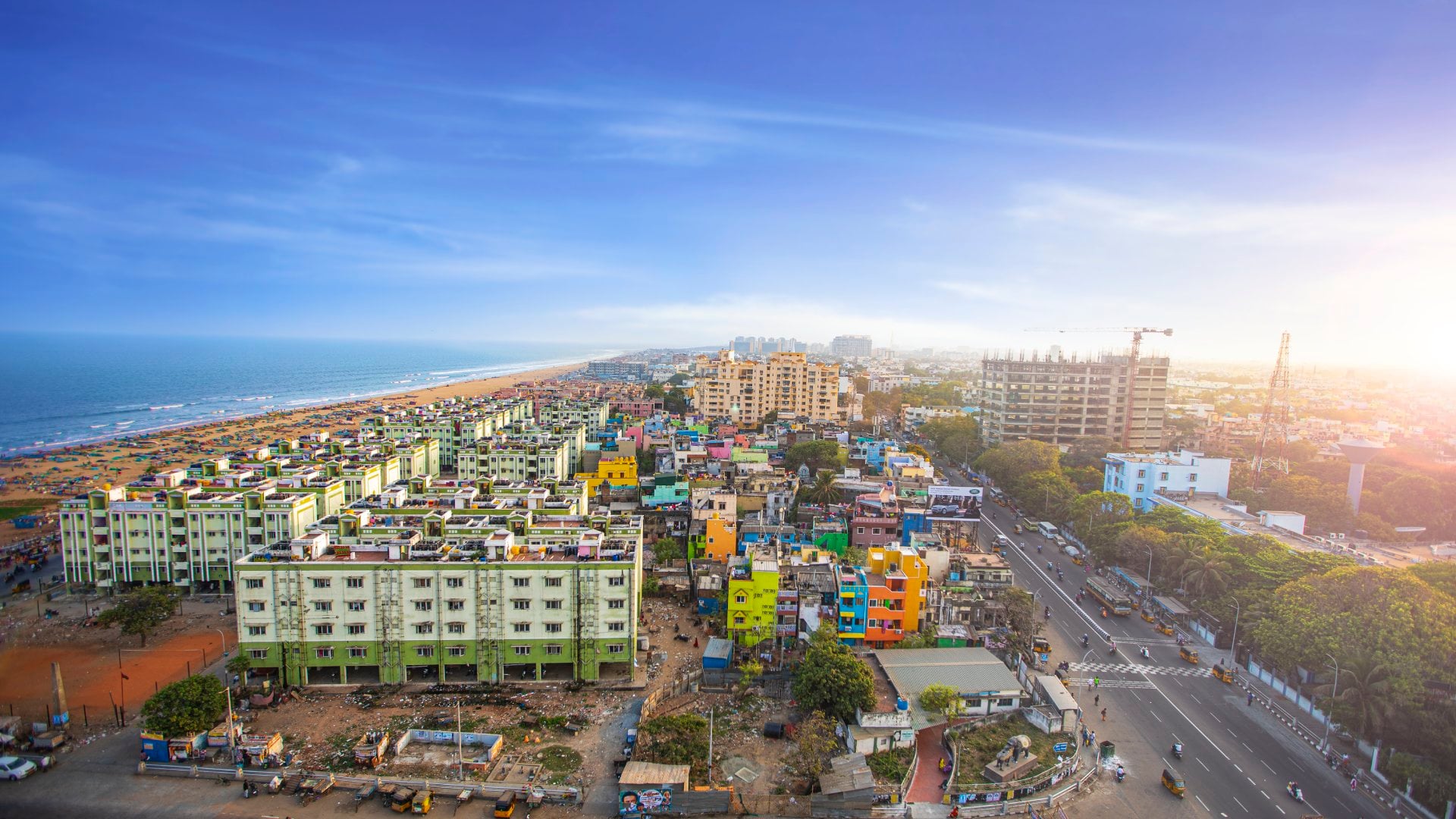 Marina Beach, Coromandel Coast Aerial photo of the coast of Chennai's Marina Beach, the second largest urban beach in the world, running 6 km