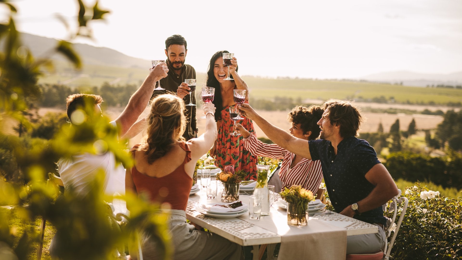 Group of friends toasting wine and enjoying dinner outdoors