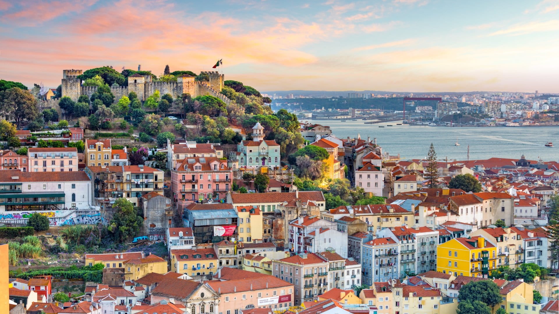 Lisbon, Portugal skyline at Sao Jorge Castle at sunset