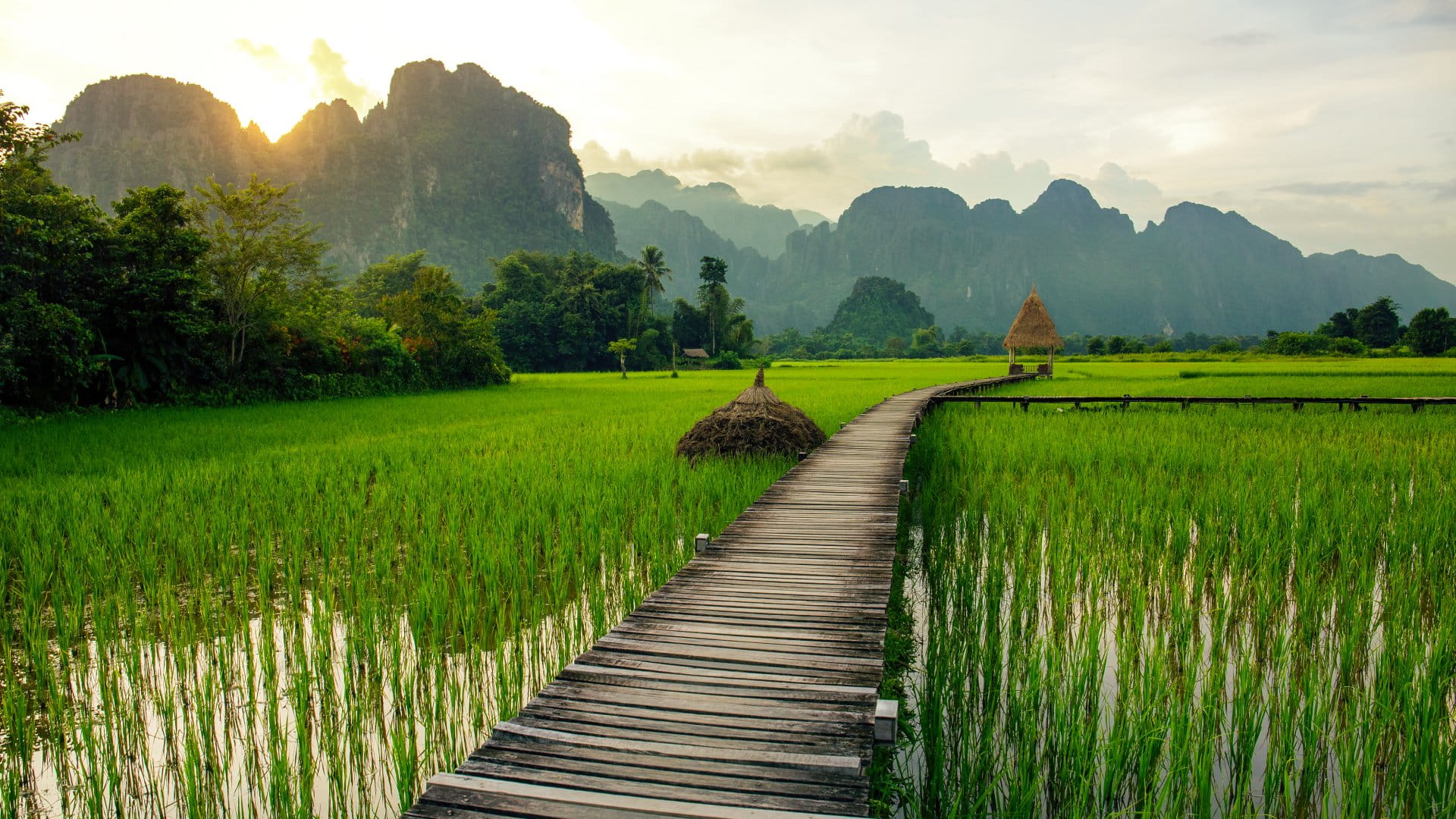 Sunset over green rice fields and mountains in Vang Vieng, Laos