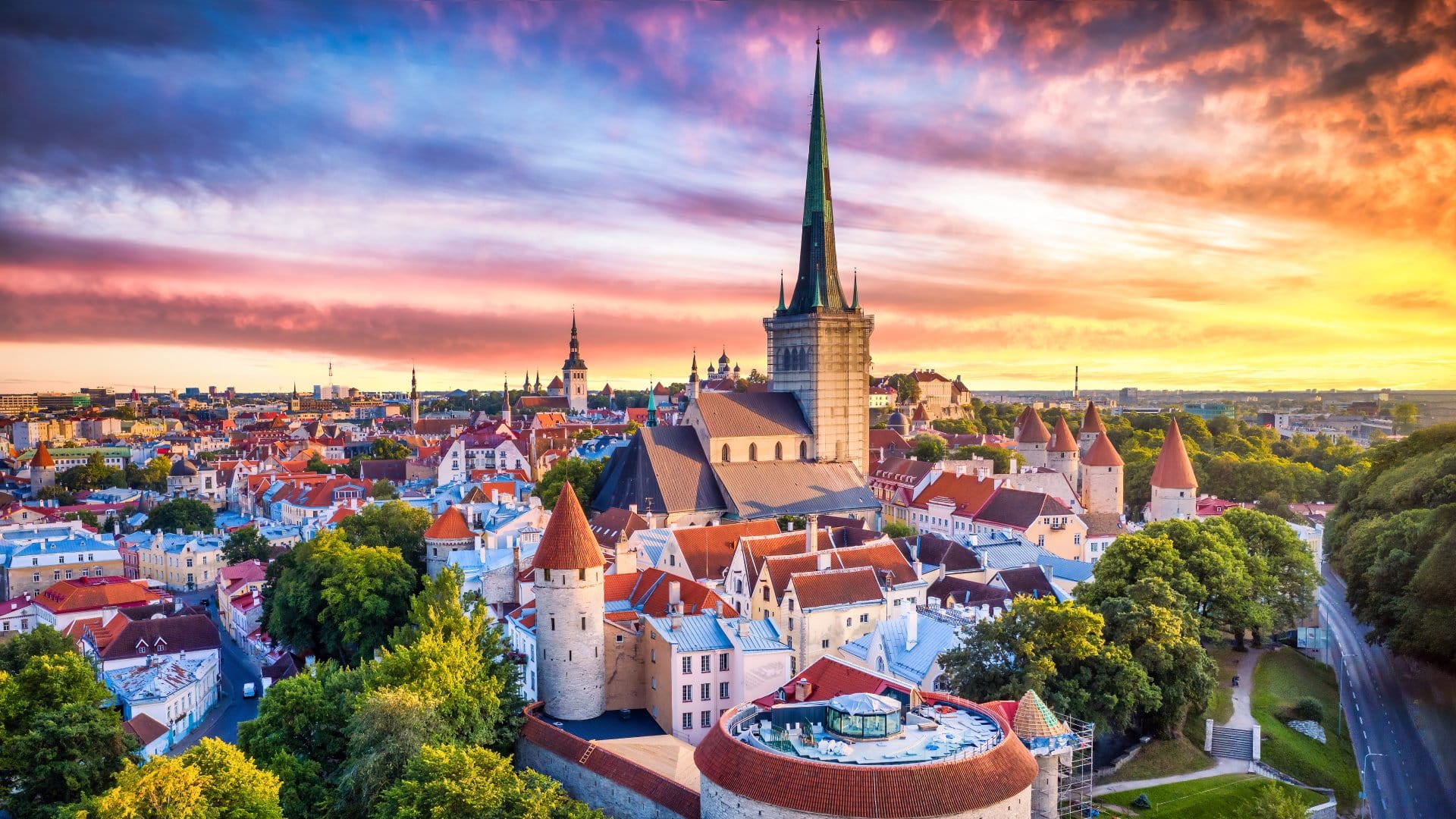 Tallinn Old Town aerial view from fat Margaret tower at sunset