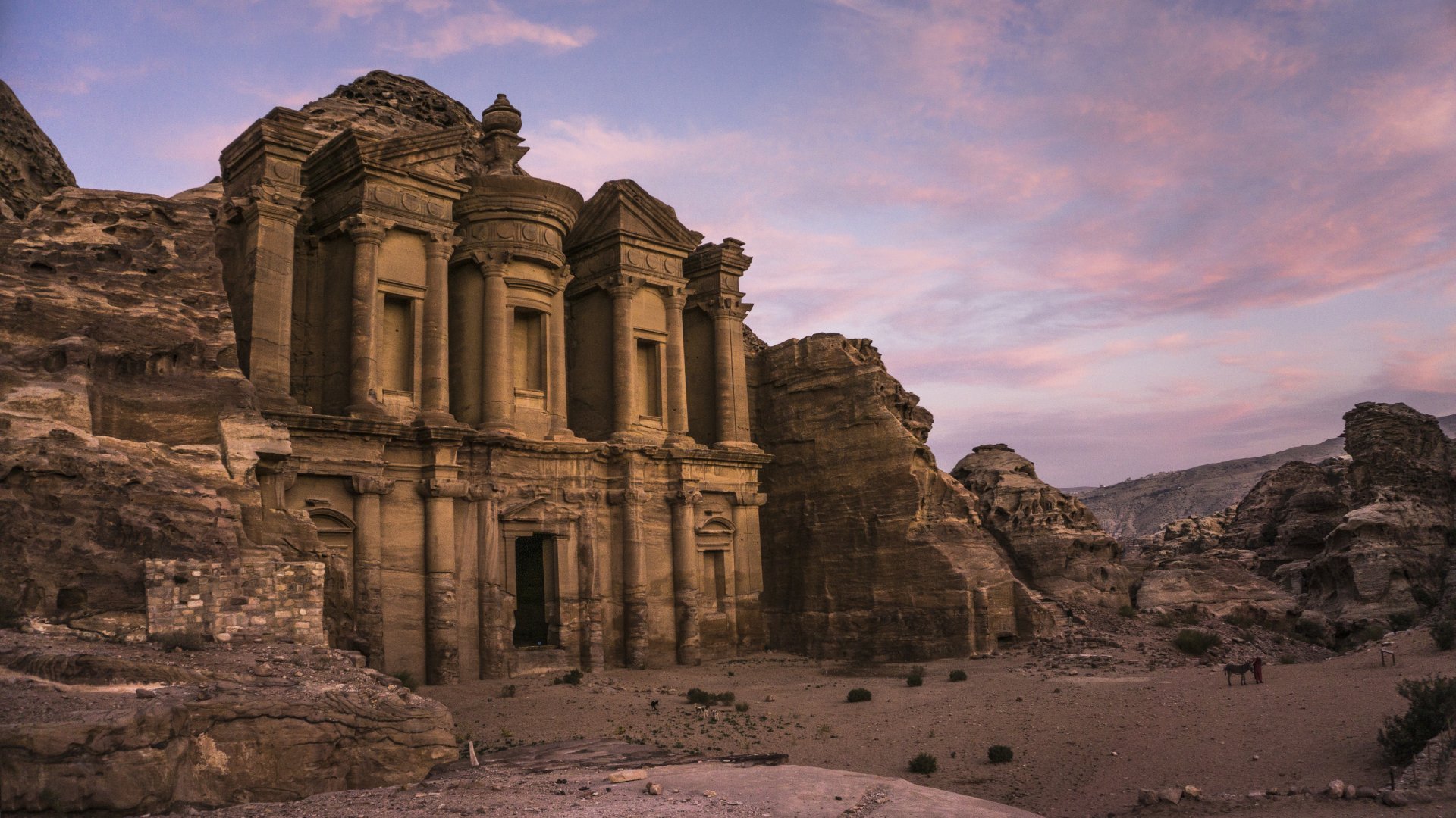 The magnificent monastery located on the top of Petra at the sunset