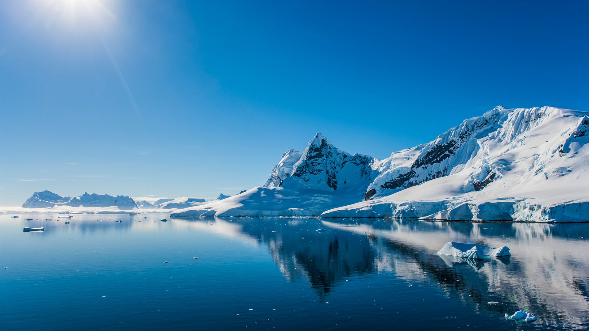 Blue skies, snowy peninsula, and clear waters in Paradise Bay of the Antarctic Peninsula.