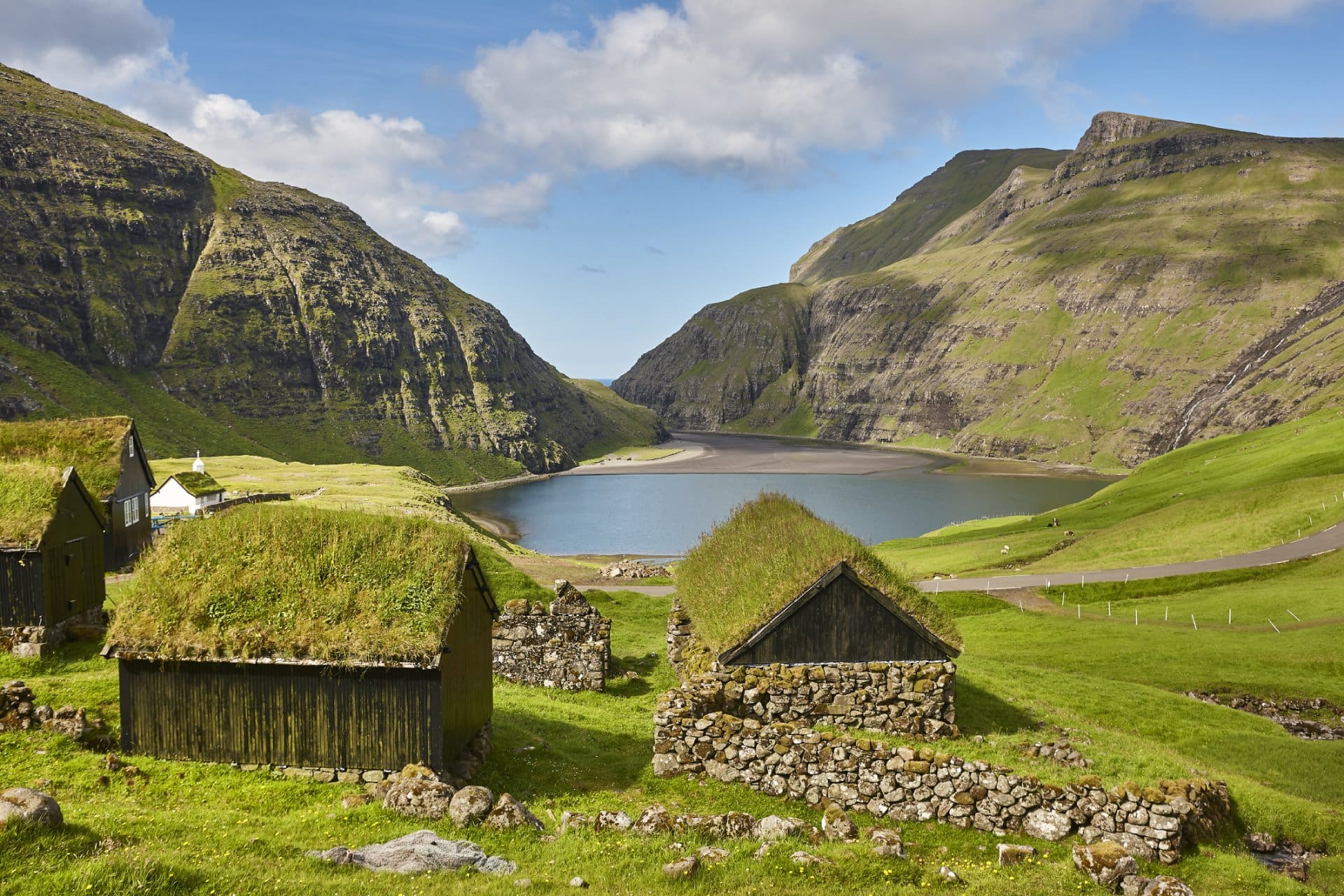 Picturesque green landscape with black houses in Faroe islands