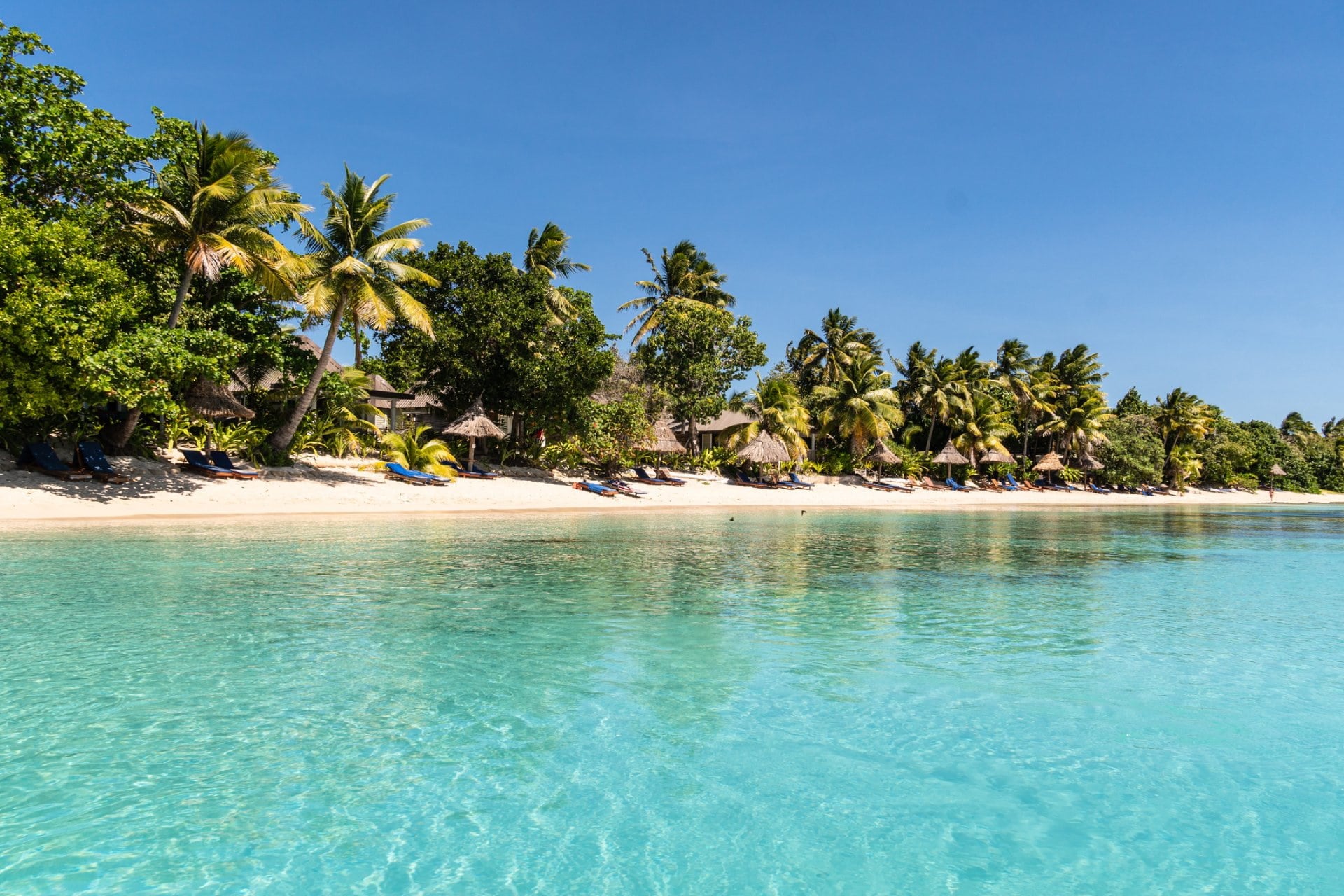 Idyllic turquoise water by an exotic beach in the Yasawa island