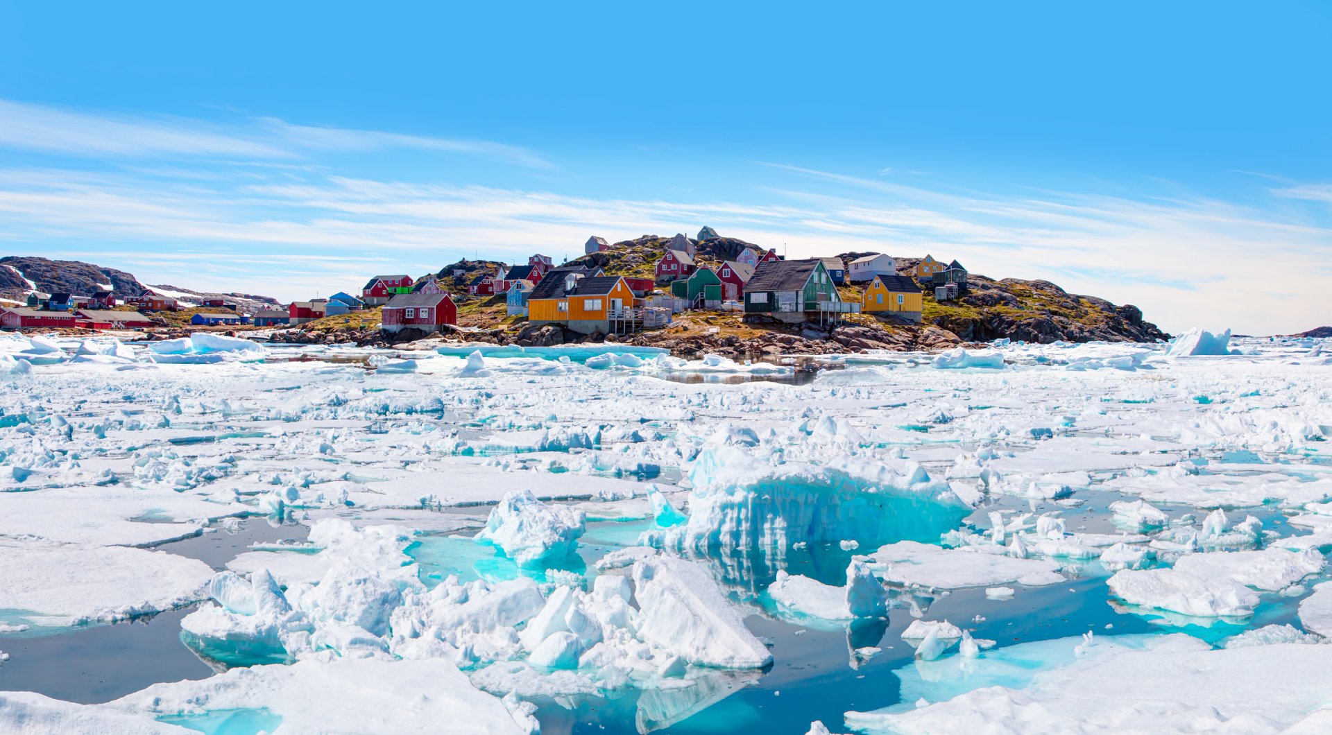 Panoramic view of colorful Kulusuk village in East Greenland
