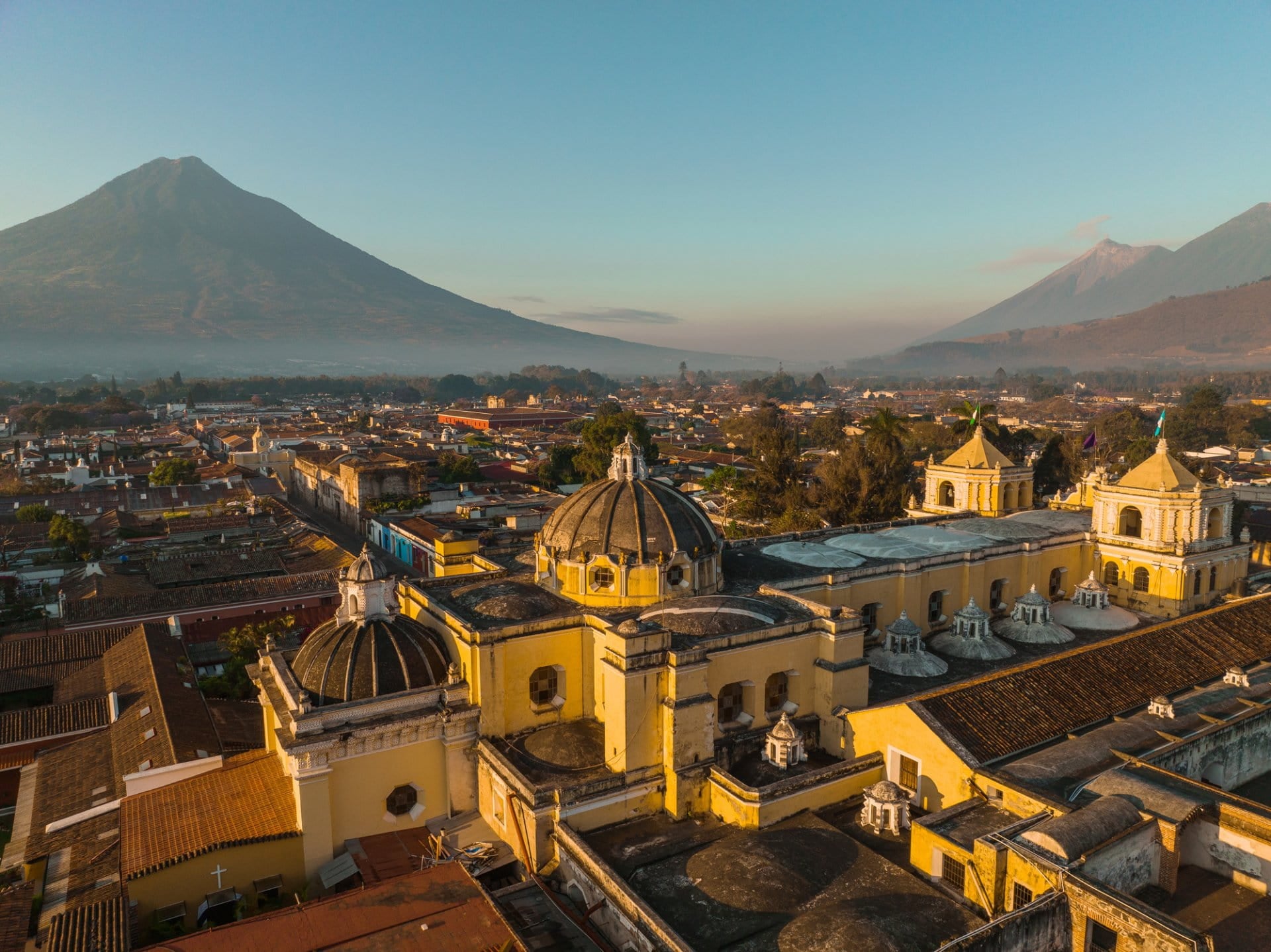 Scenic aerial view of Antigua city at sunrise