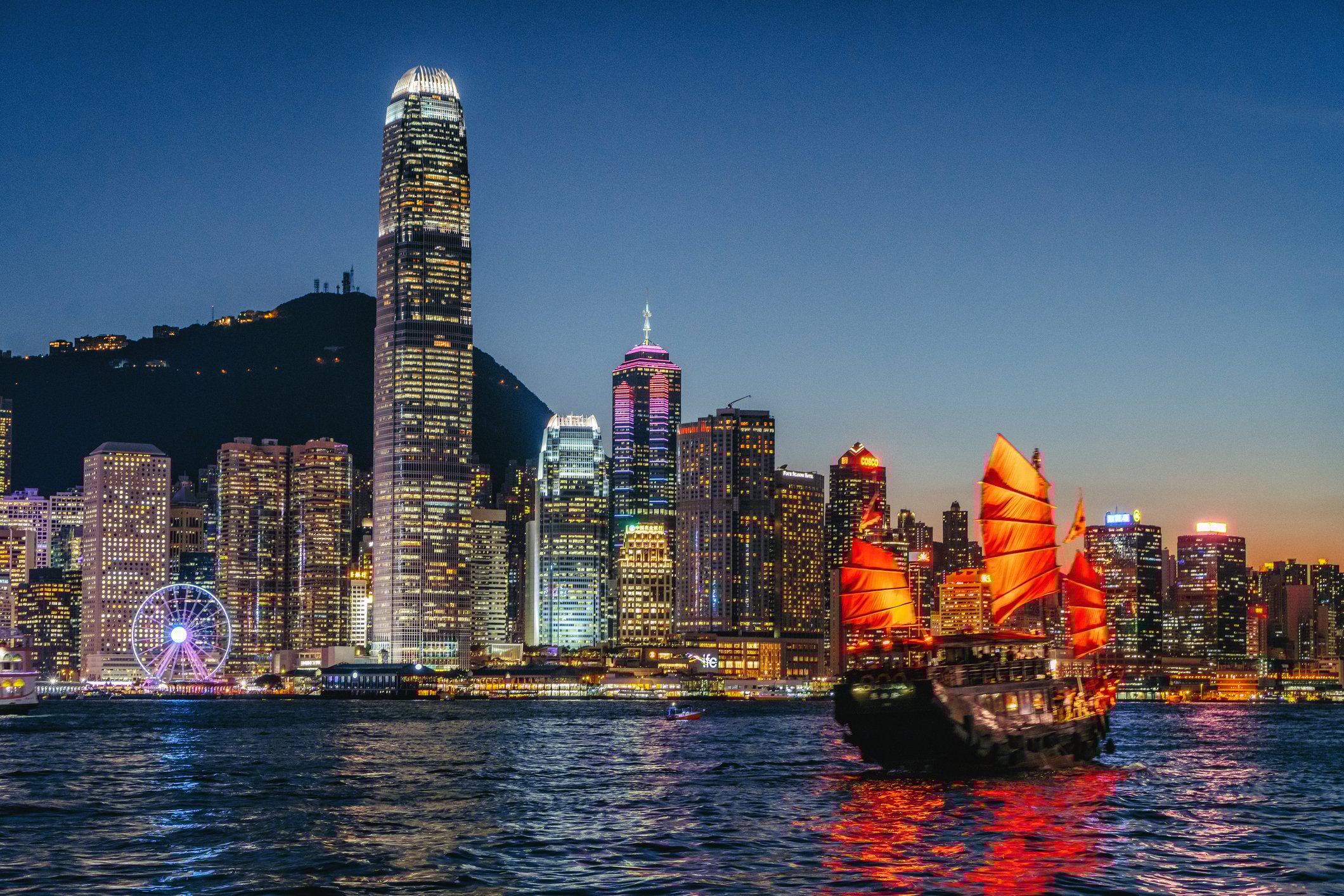 A junkboat on Hong Kong's Victoria Harbour at sunset against a backdrop of skyscrapers.