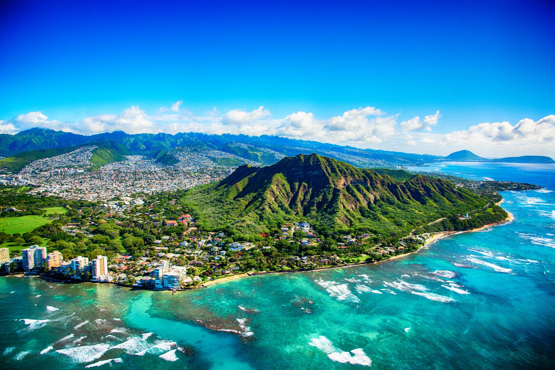Aerial view of crater next to downtown Honolulu