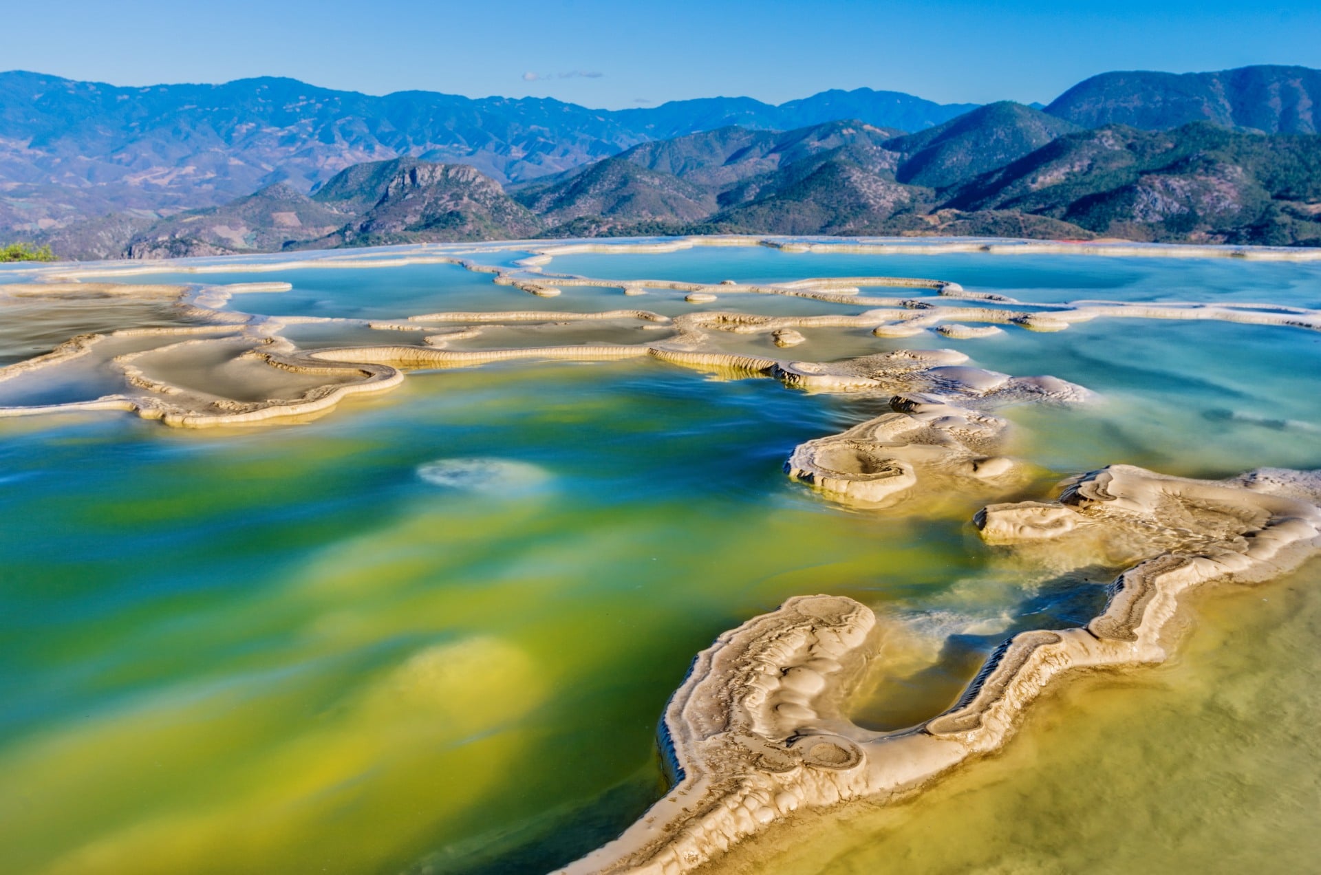 Hierve el Agua, a set of bubbling mineral springs with spectacular panoramas over the sierra, in the Central Valleys of Oaxaca, Mexico
