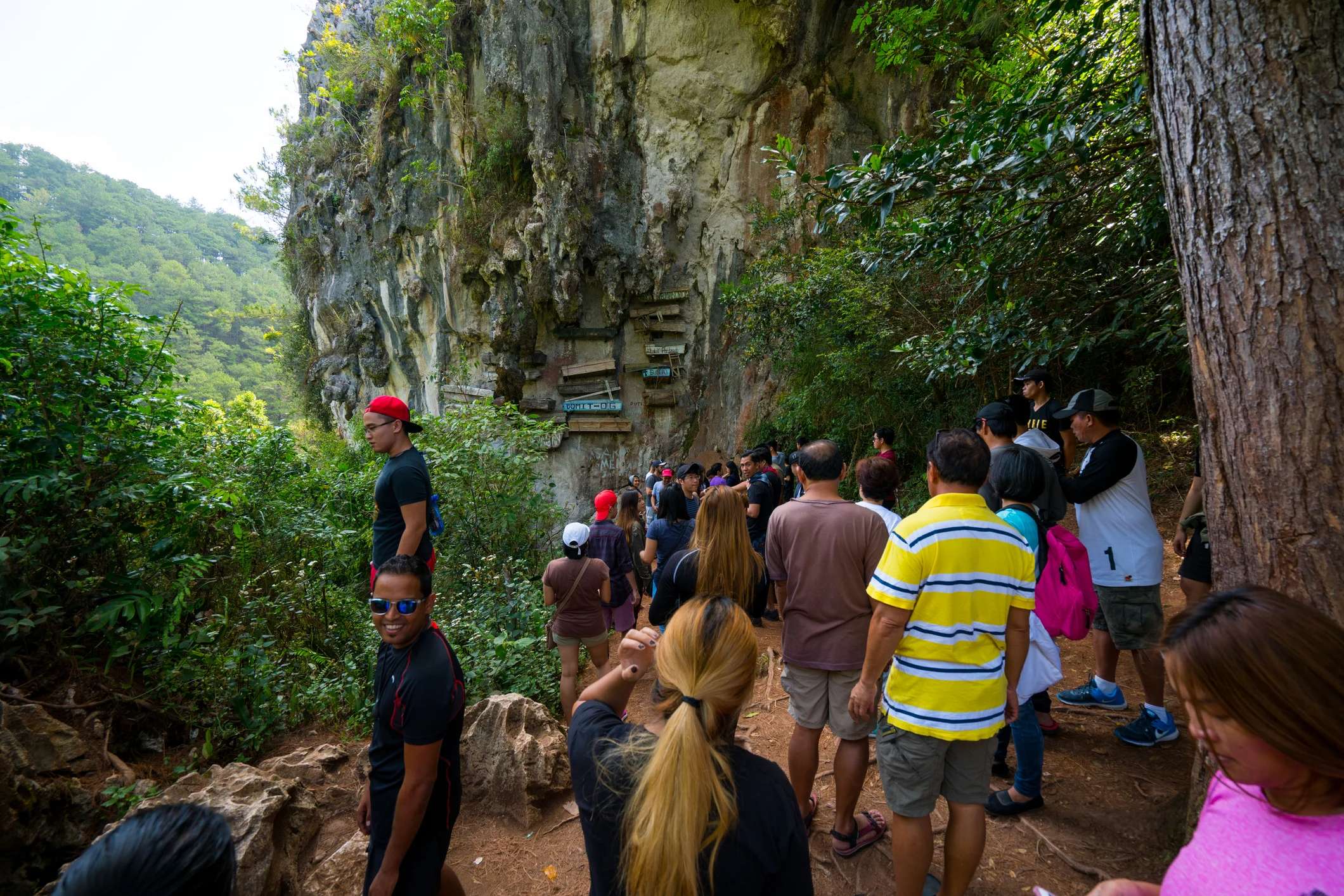 A crowd of people gathered near a rocky cliff surrounded by trees and greenery.