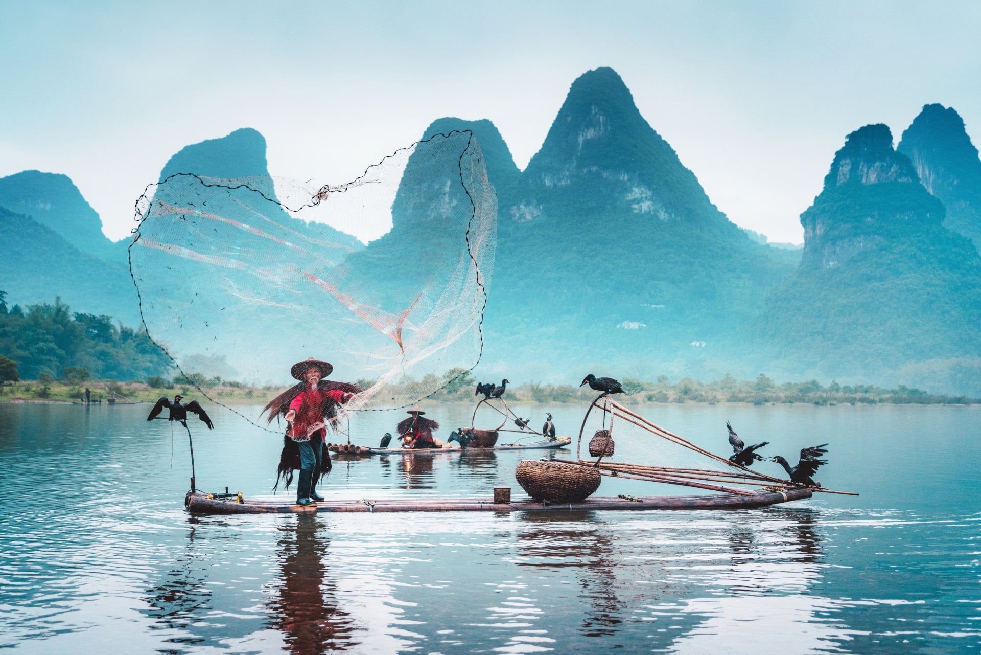 Fisherman on a bamboo raft casts a net, with cormorants perched nearby and misty mountains in the background.