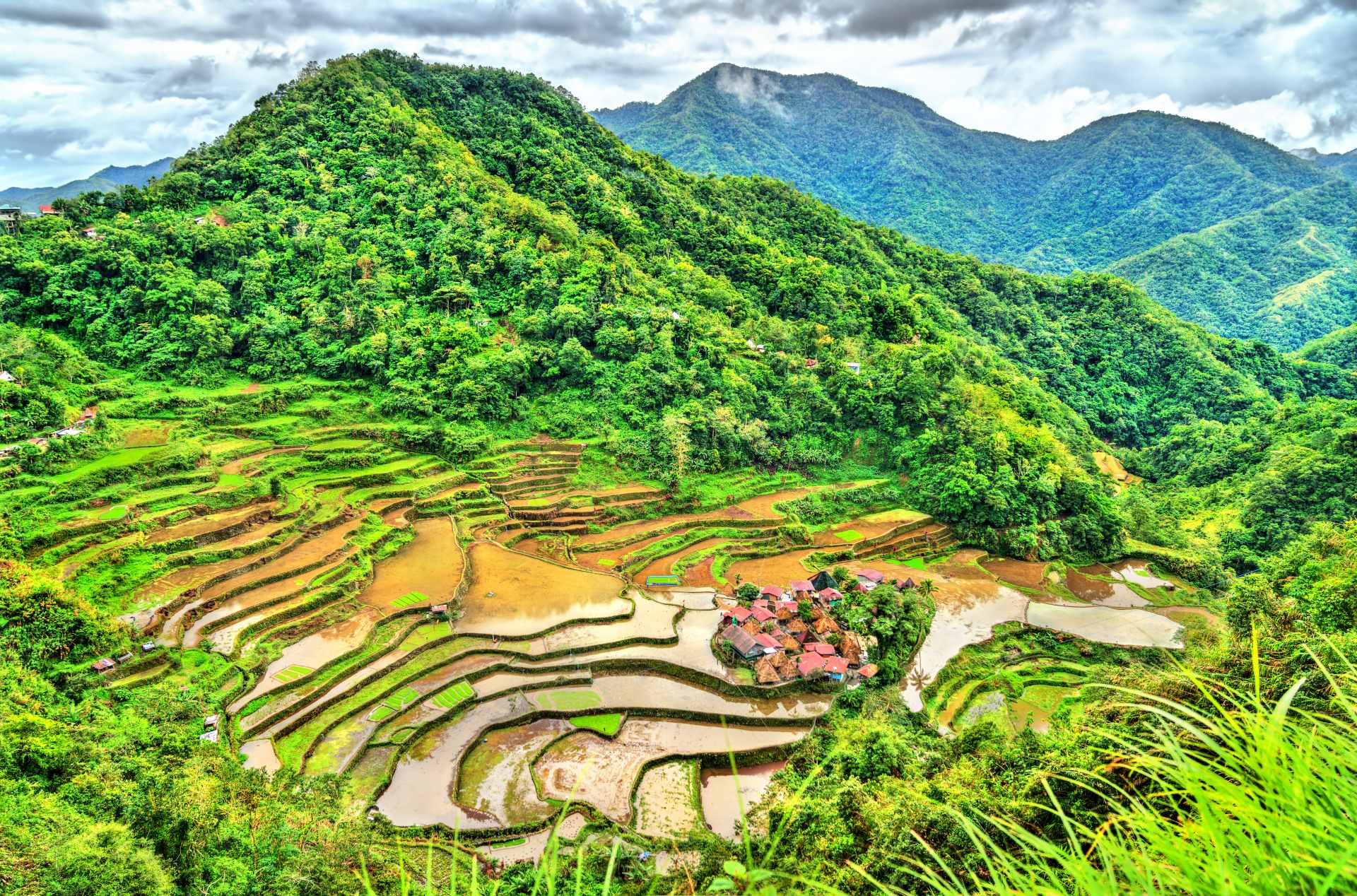 Bangaan Rice Terraces, Luzon Rice Terraces with rolling mountains in the background