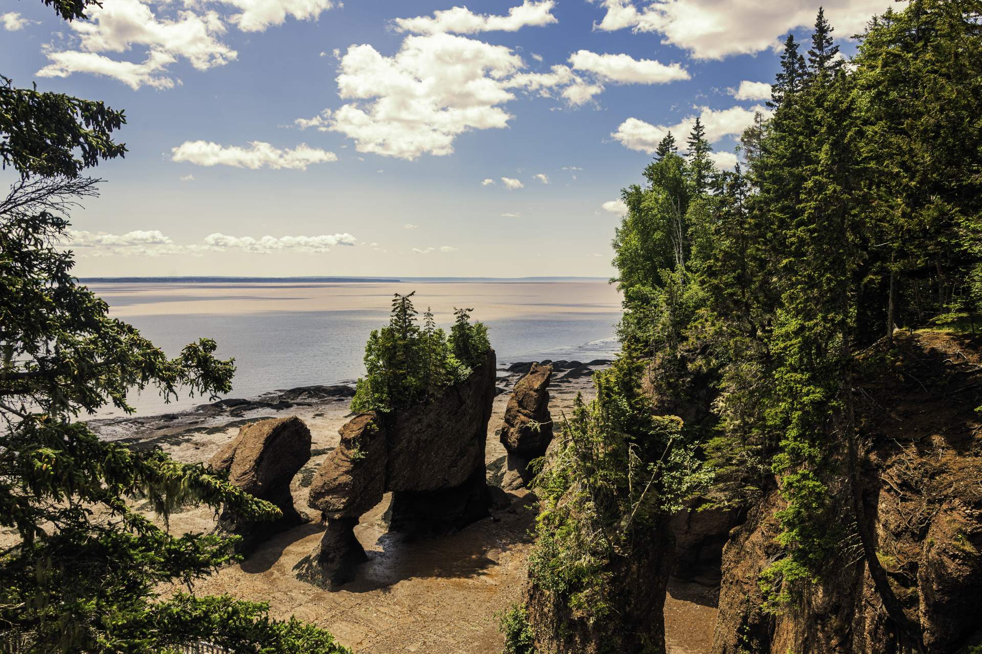 Hopewell Rocks, standing 40–70 feet tall, located on the shores of the upper reaches of the Bay of Fundy