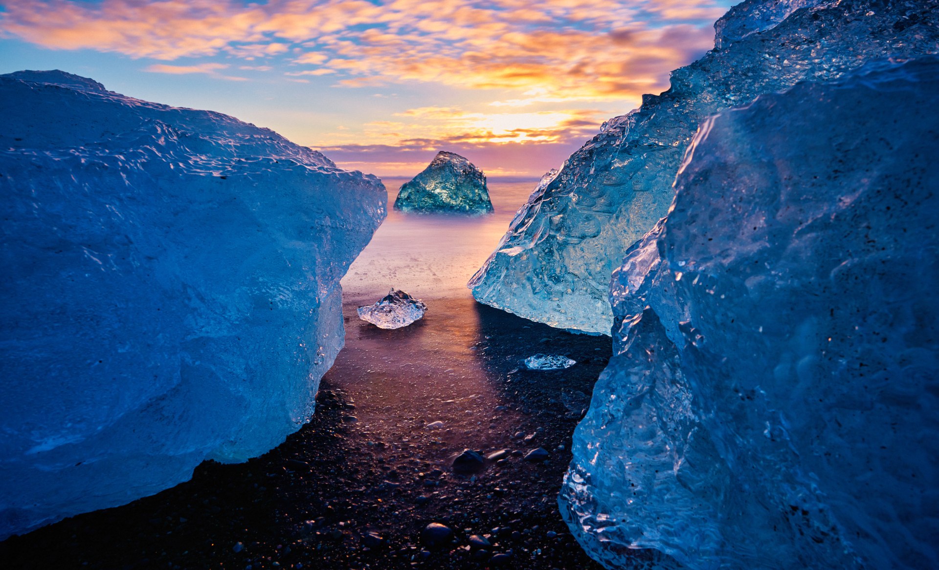 Diamond beach in Iceland, sunset time