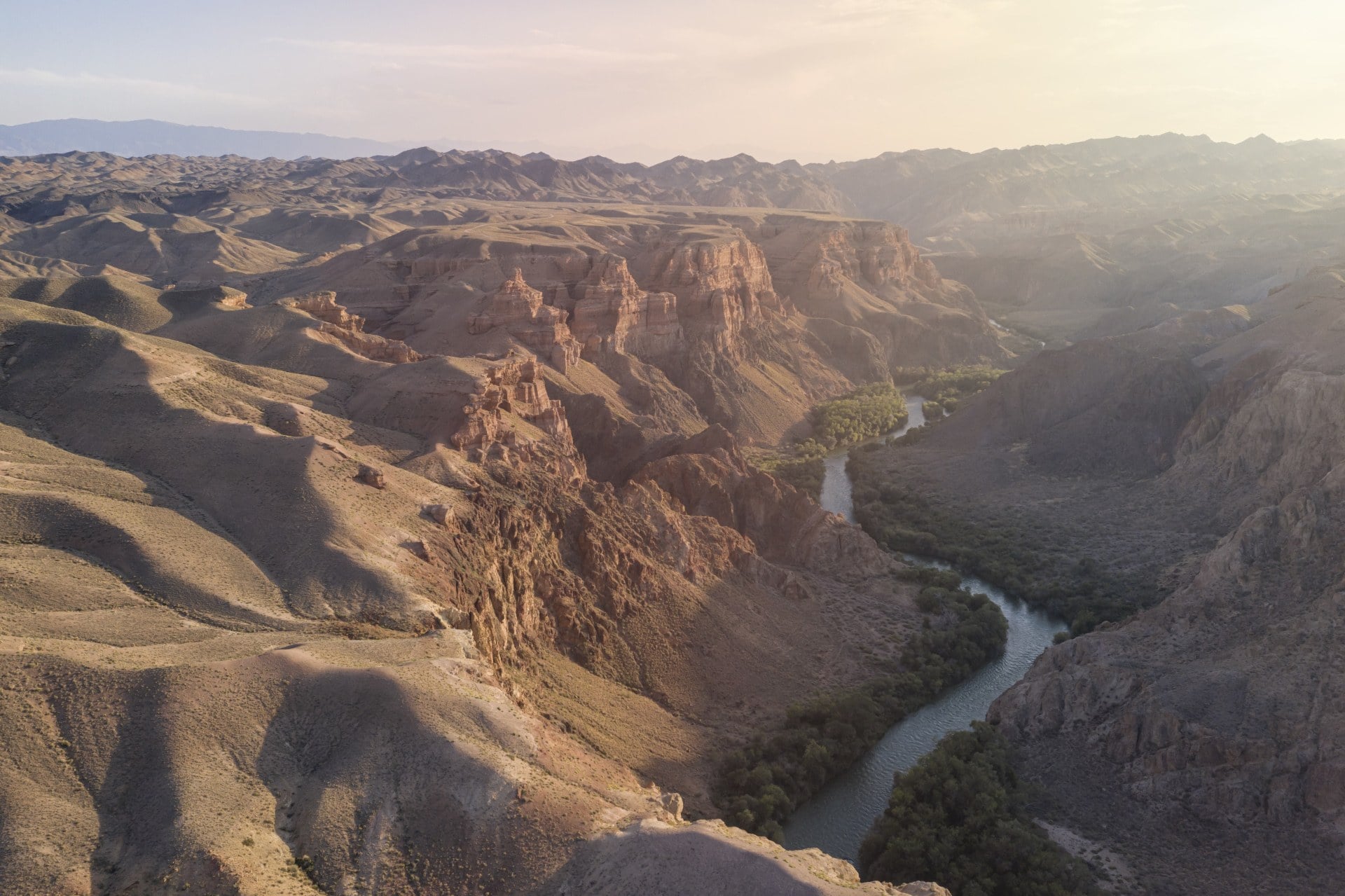 Aerial view of the Charyn Canyon and Charyn River in Kazakhstan, Central Asia, at sunset