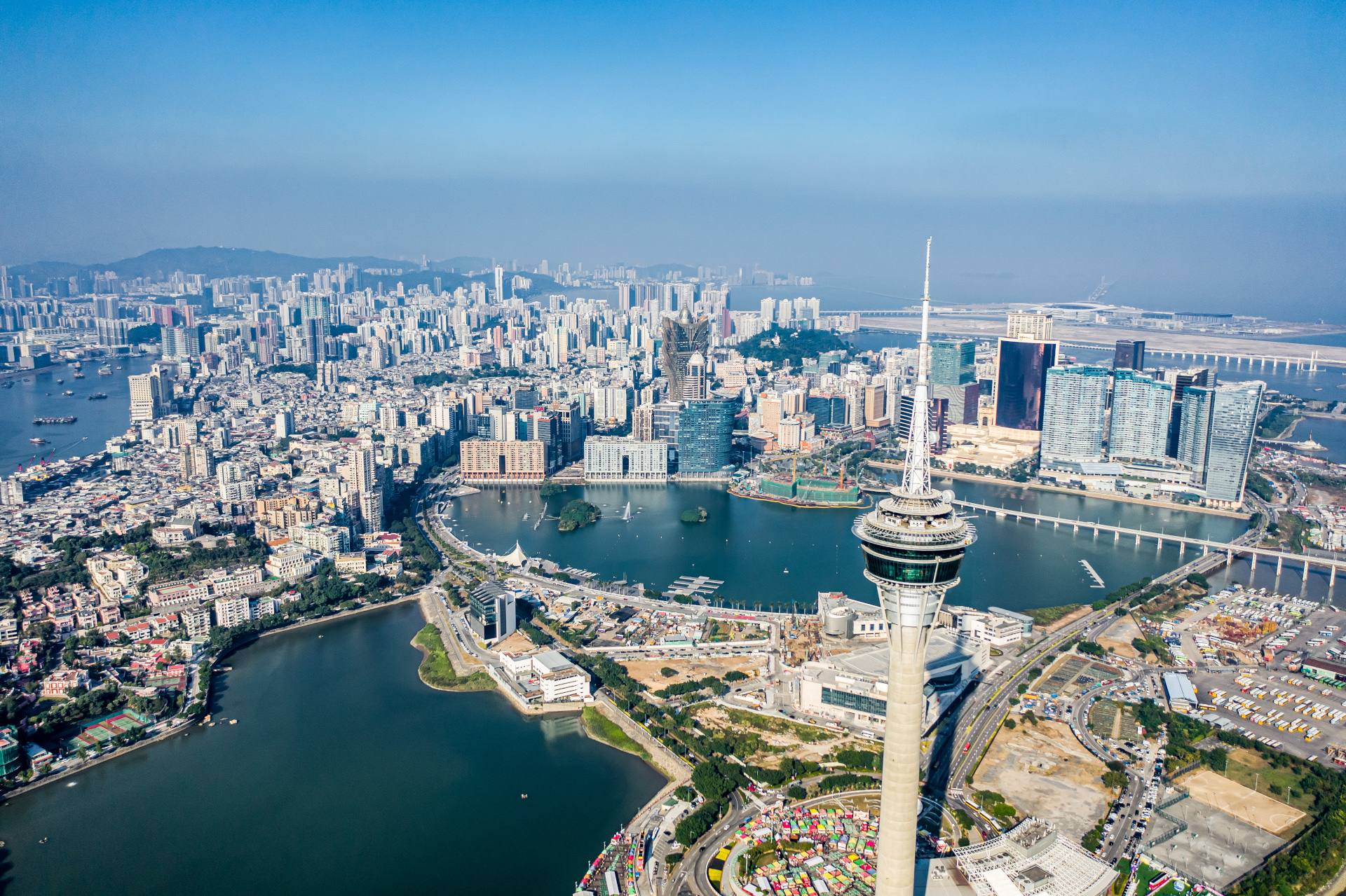 Aerial view of Macau with its giant casinos and malls on the Cotai Strip, earning it the nickname, "Las Vegas of Asia."