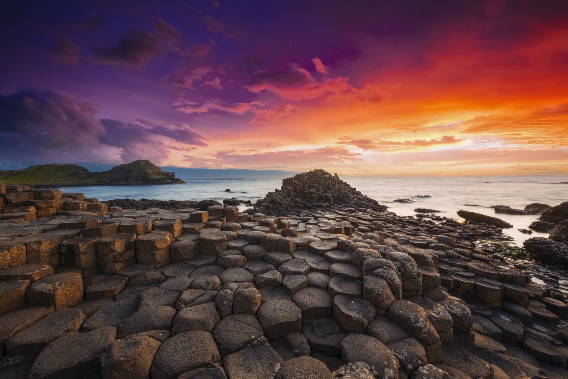 Colourful sunset at the Giant's Causeway Northern Ireland