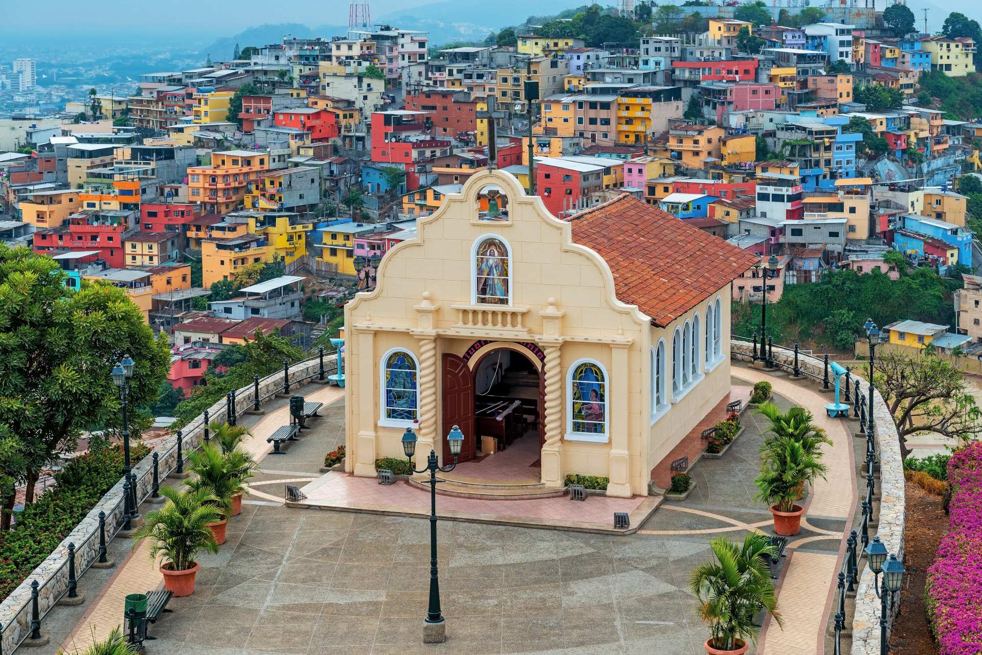 Cityscape of Santa Ana Hill Church with colorful colonial housing, Las Penas district, Guayaquil, Ecuador