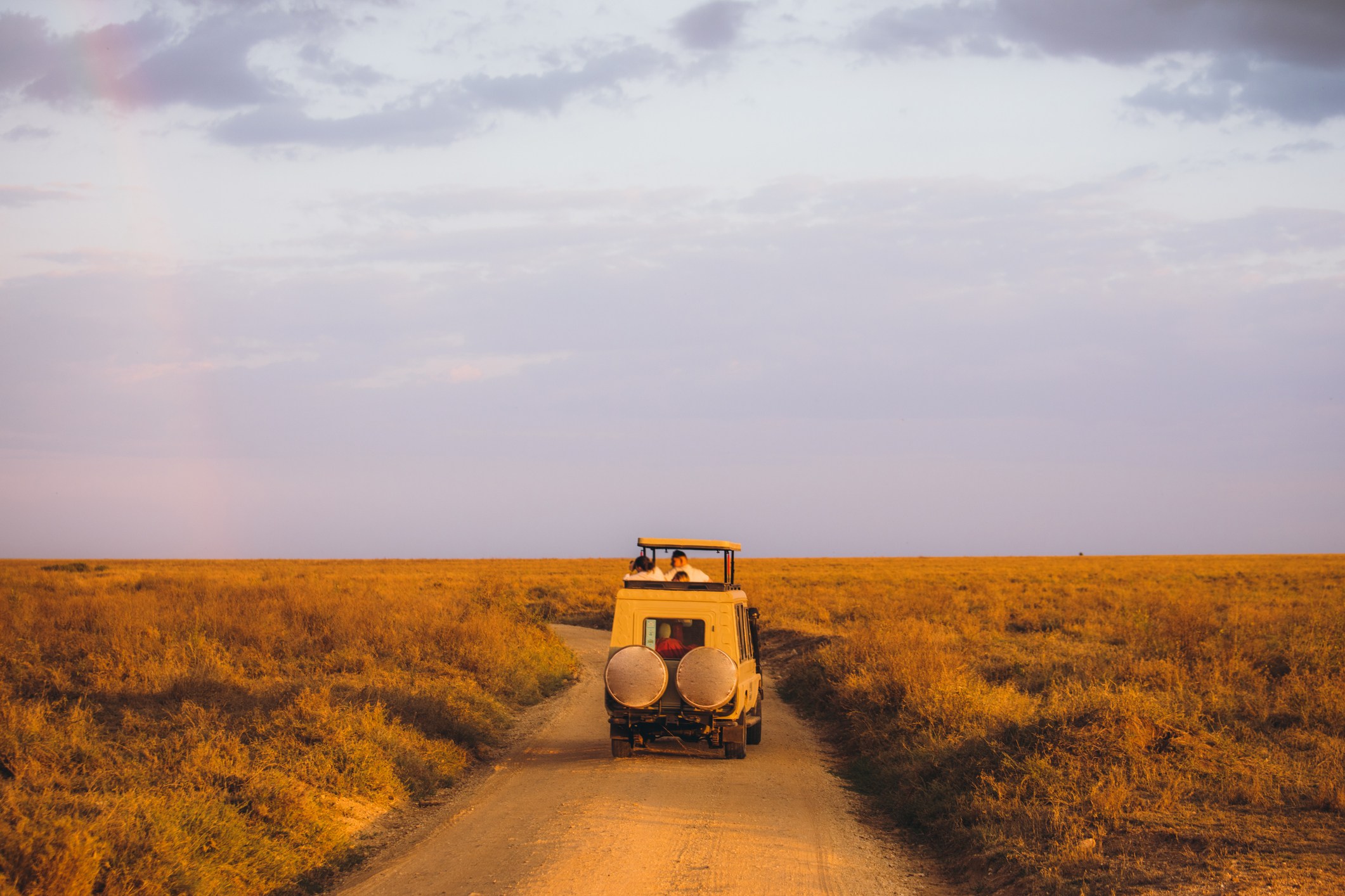A safari vehicle drives along a dirt road in an open grassland at sunset, with a colorful sky overhead.