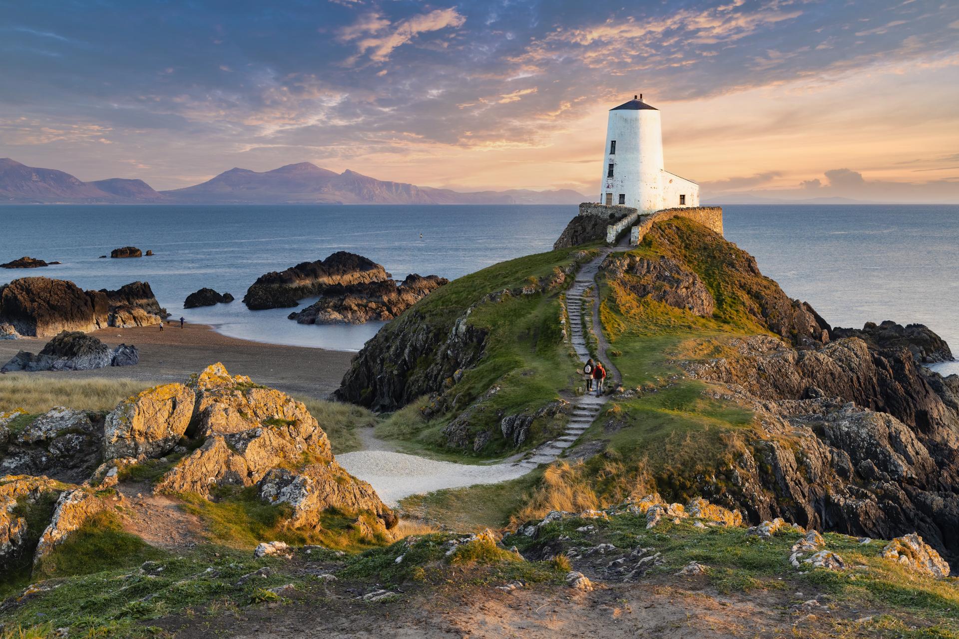 Tŵr Mawr lighthouse on Ynys Llanddwyn on Anglesey, Wales, marks the western entrance to the Menai Strait