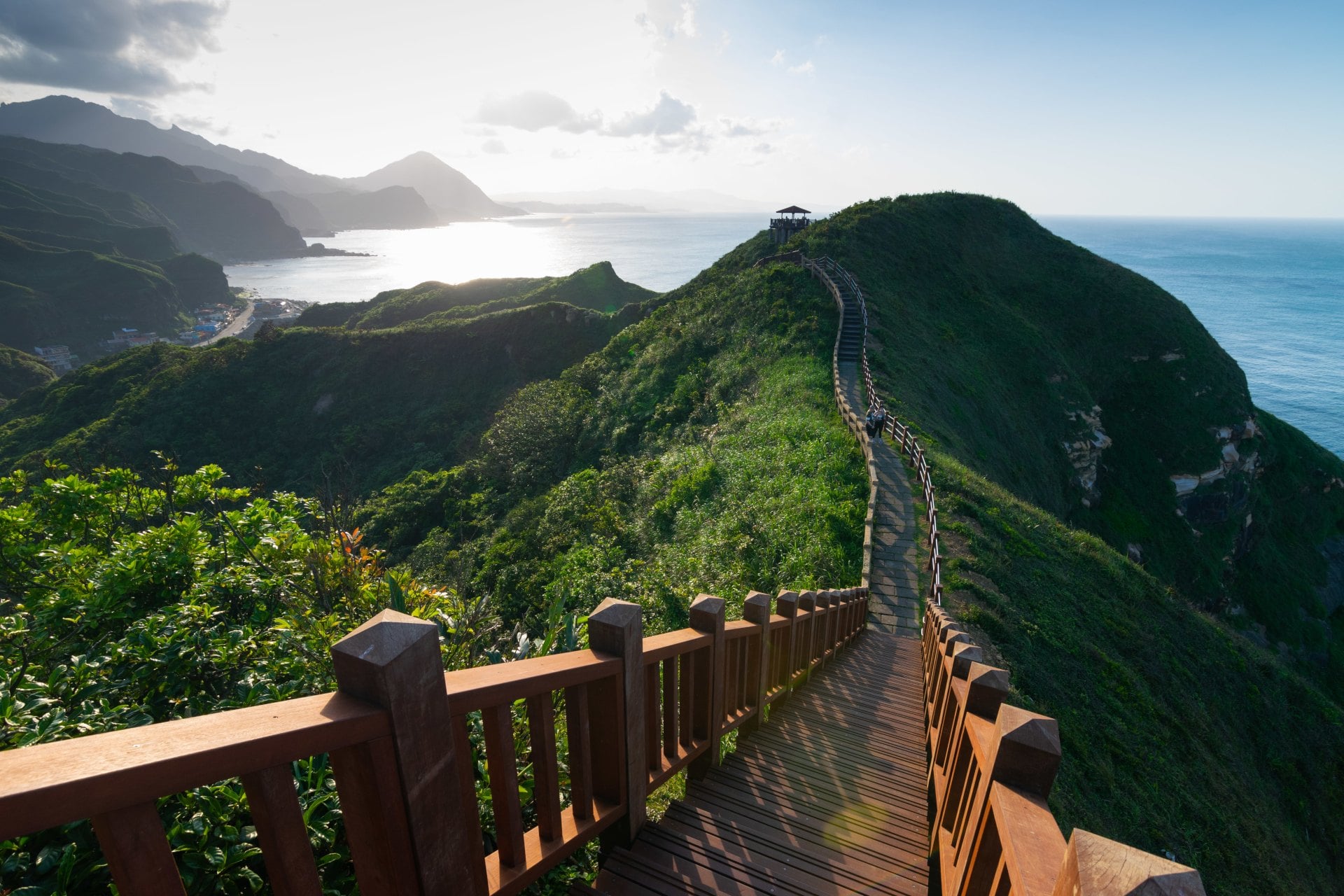 Bitou Cape Park Wooden plank trail built on mountain ridge of Bitou Cape with view of ocean in Northeastern Taiwan