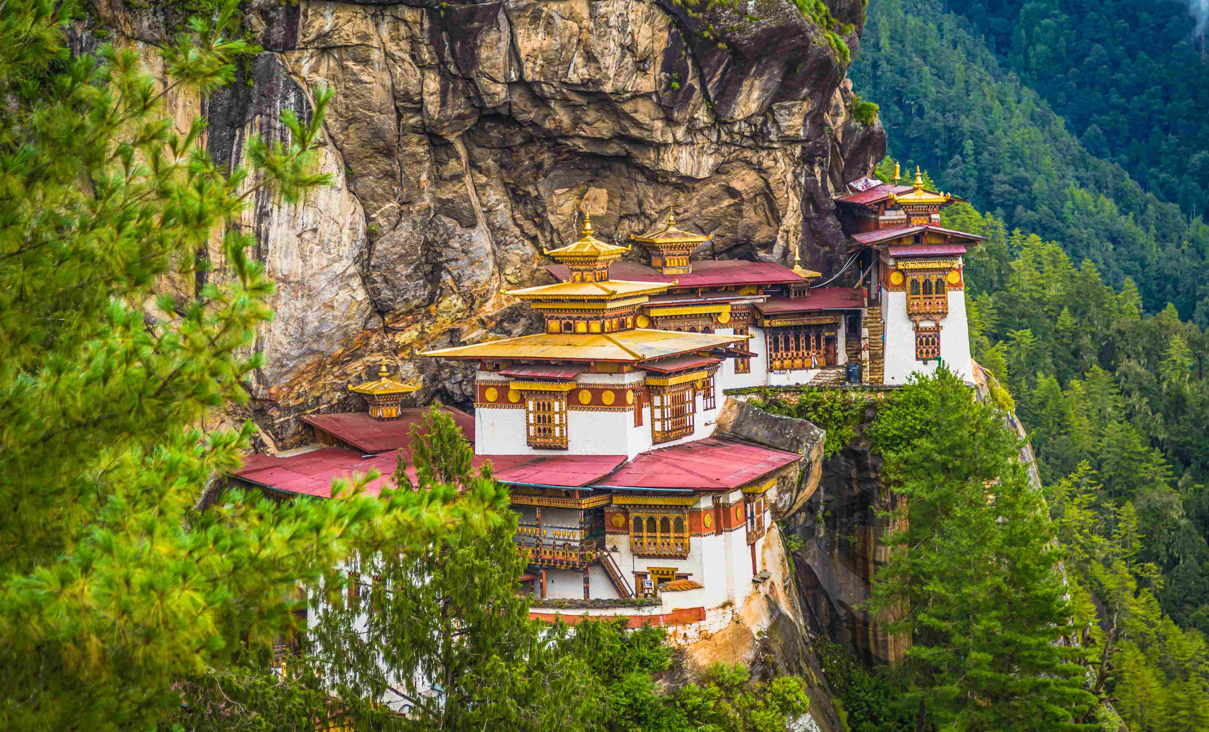View of the Tiger's Nest monastery also known as the Paro Taktsang and the surrounding area in Bhutan