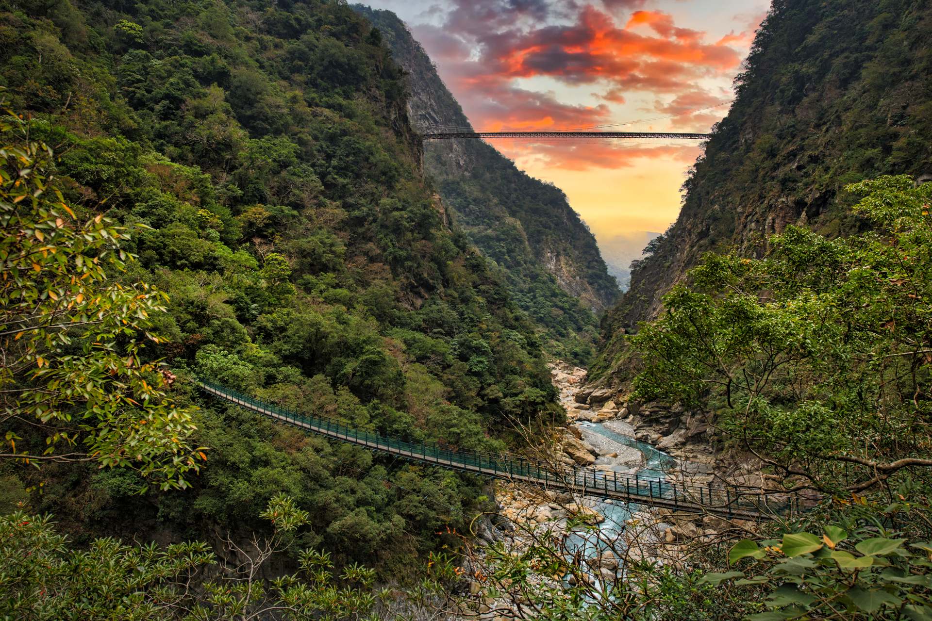 Taroko Gorge National Park Two suspension bridges cross the river and lush forests at the beautiful Taroko Gorge National Park in Taiwan