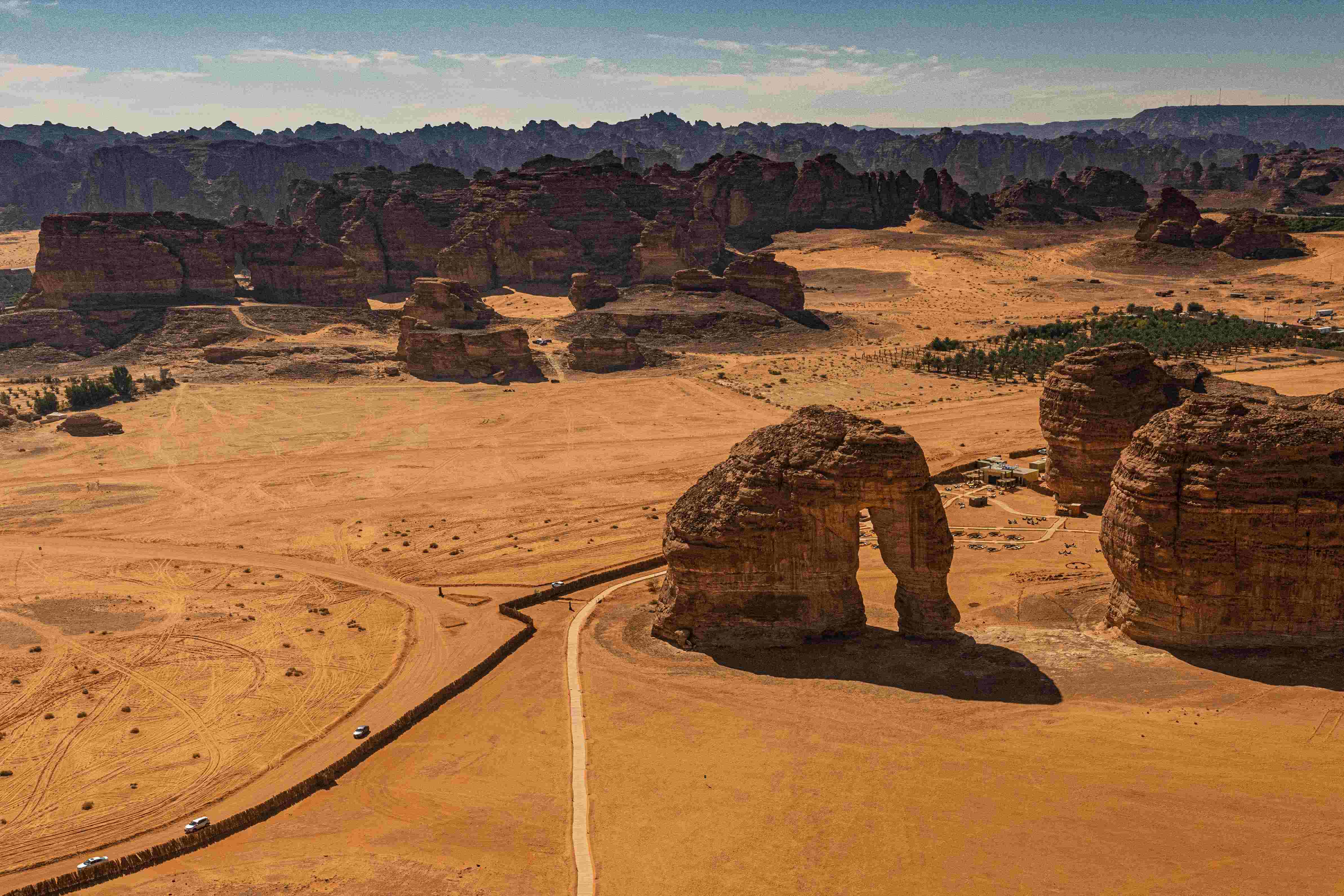 Aerial view of Elephant Rock (Jabal AlFil). From afar, this rock looks like an elephant with a ground-bound trunk.