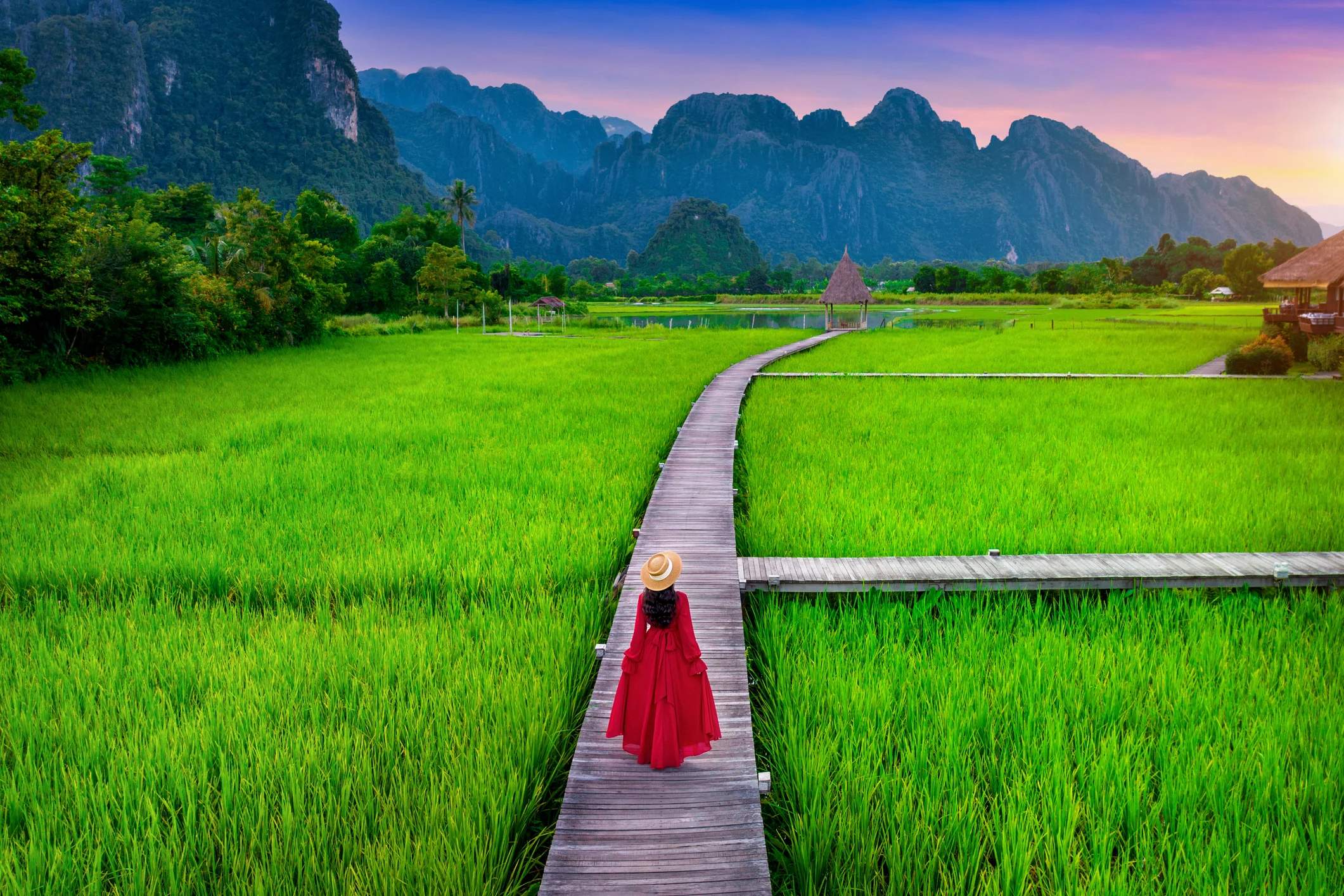 A woman in a red dress walks along a wooden path through vibrant green rice fields with mountains in the background.