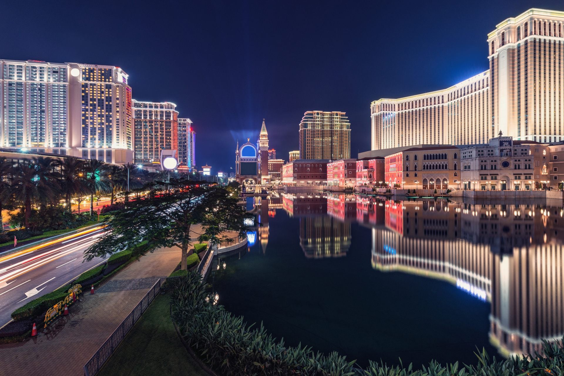 Evening view of Cotai Strip district hotels and casinos in Macau
