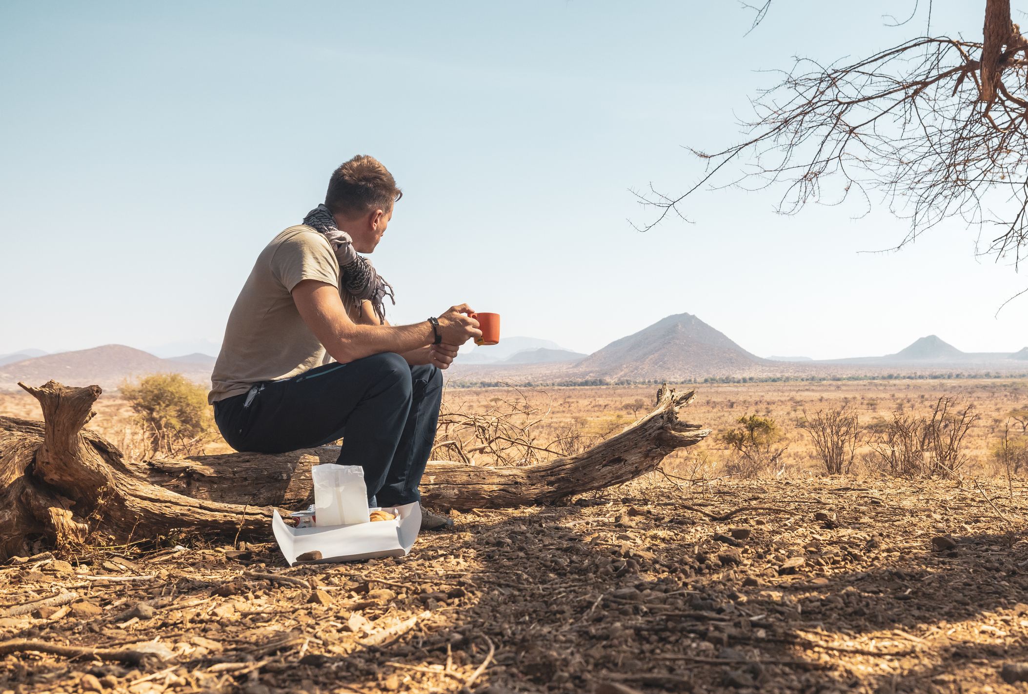 A person sits on a log in a vast, arid landscape, holding a cup and looking out at distant mountains.