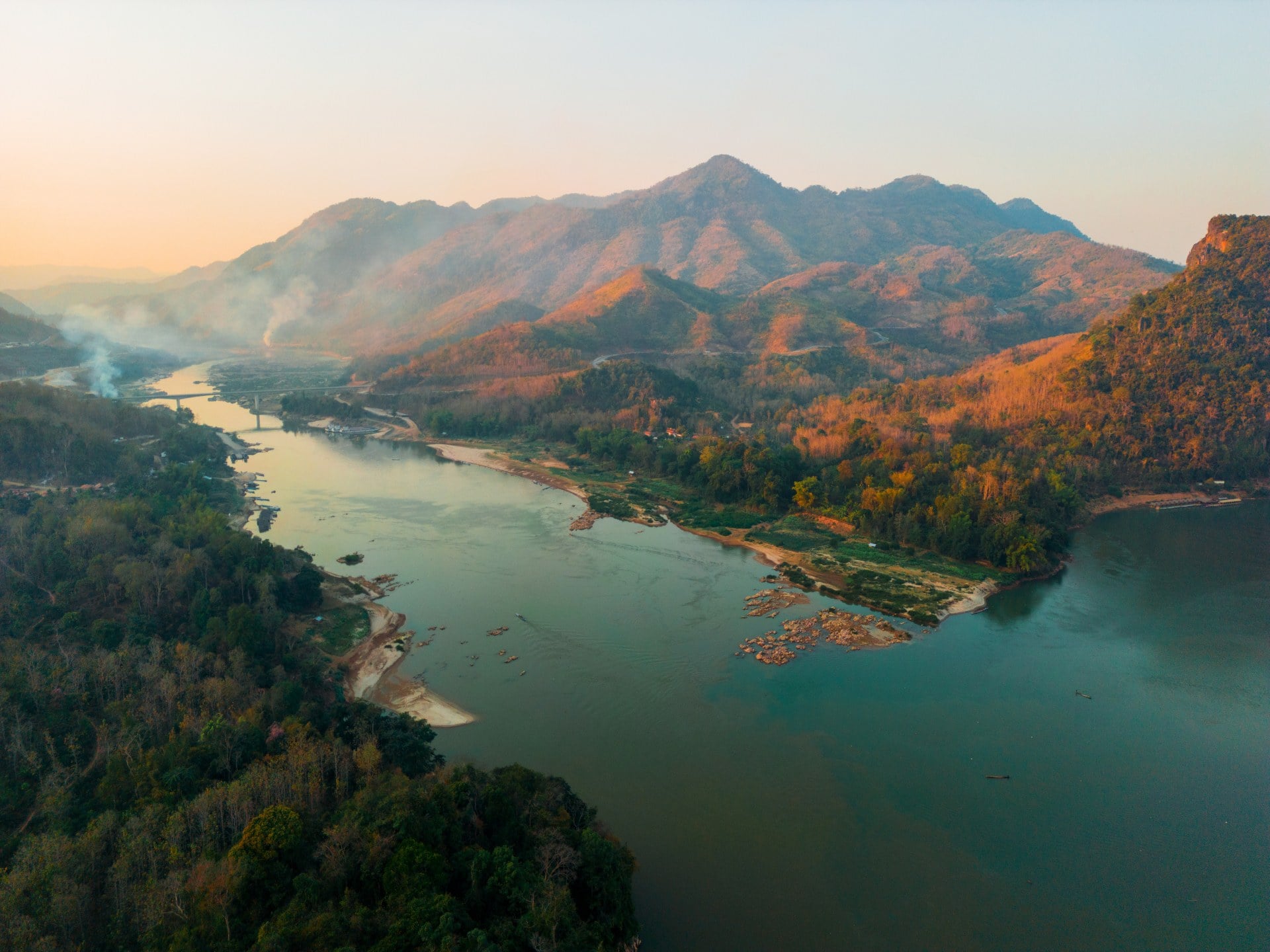 Mekong River Aerial view of tranquil scene of river at sunset