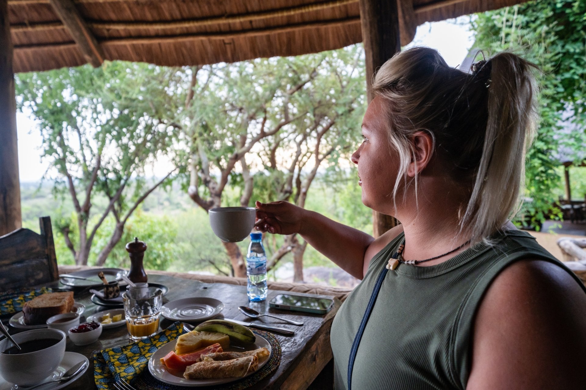 A person enjoying breakfast with fruits and drinks at an outdoor table, overlooking a scenic green landscape.