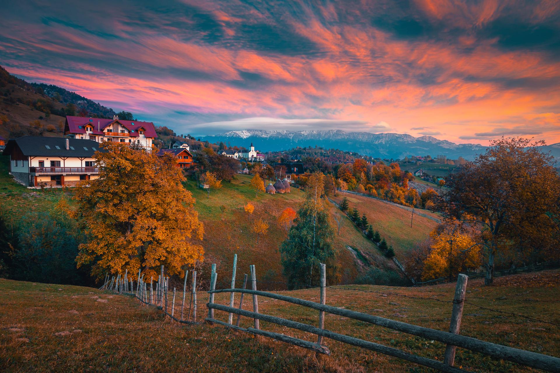 Spectacular autumn rural scenery at sunset, Magura mountain village in the Carpathians, Romania