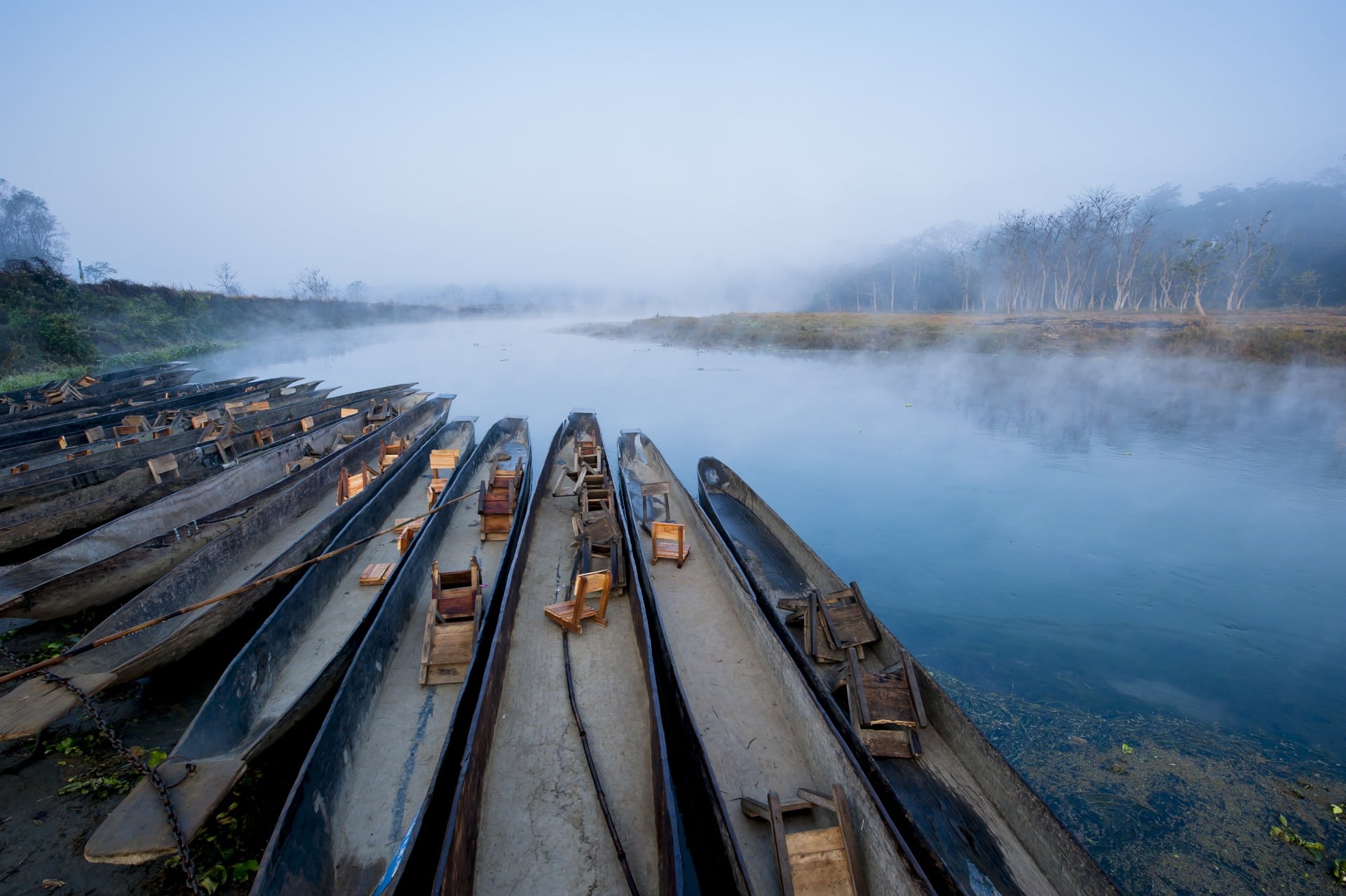 East Rapti River, Chitwan National Park Boats anchoring in East Rapti River