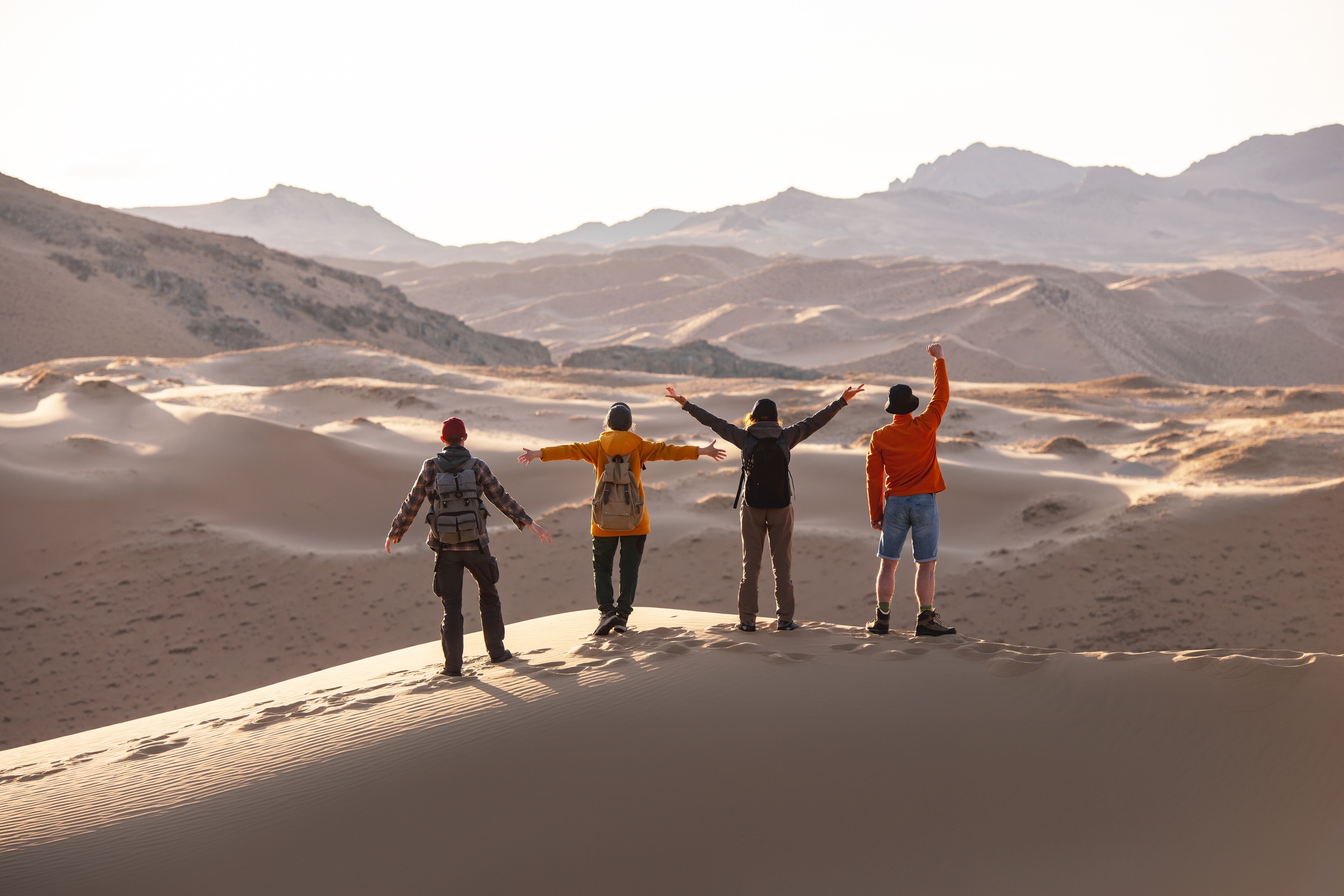 Four people stand on a sand dune, facing away and raising their arms, with vast desert landscape stretching behind them.