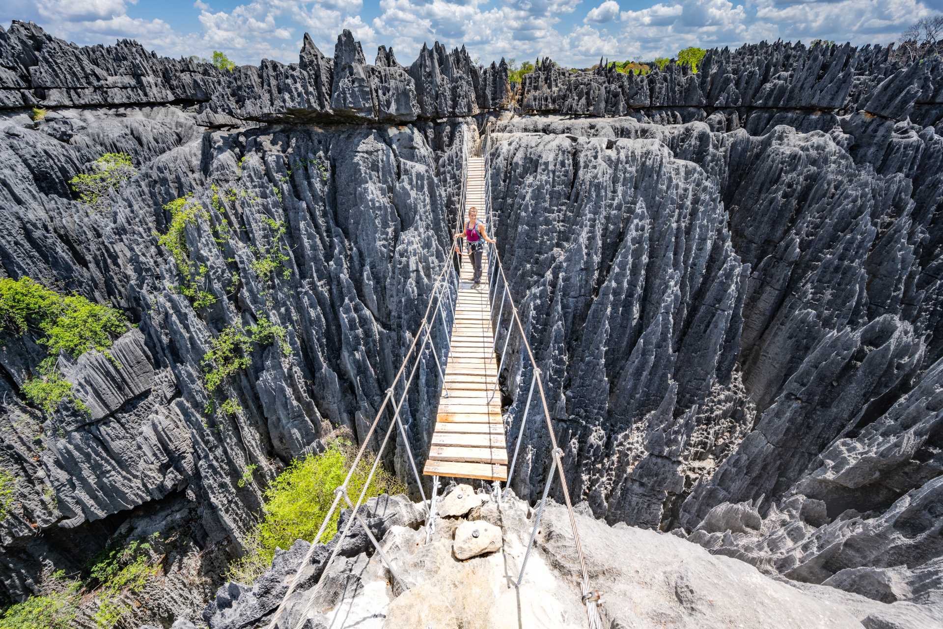 A person stands on a narrow bridge over a deep rocky chasm with sharp stone formations and green vegetation nearby.
