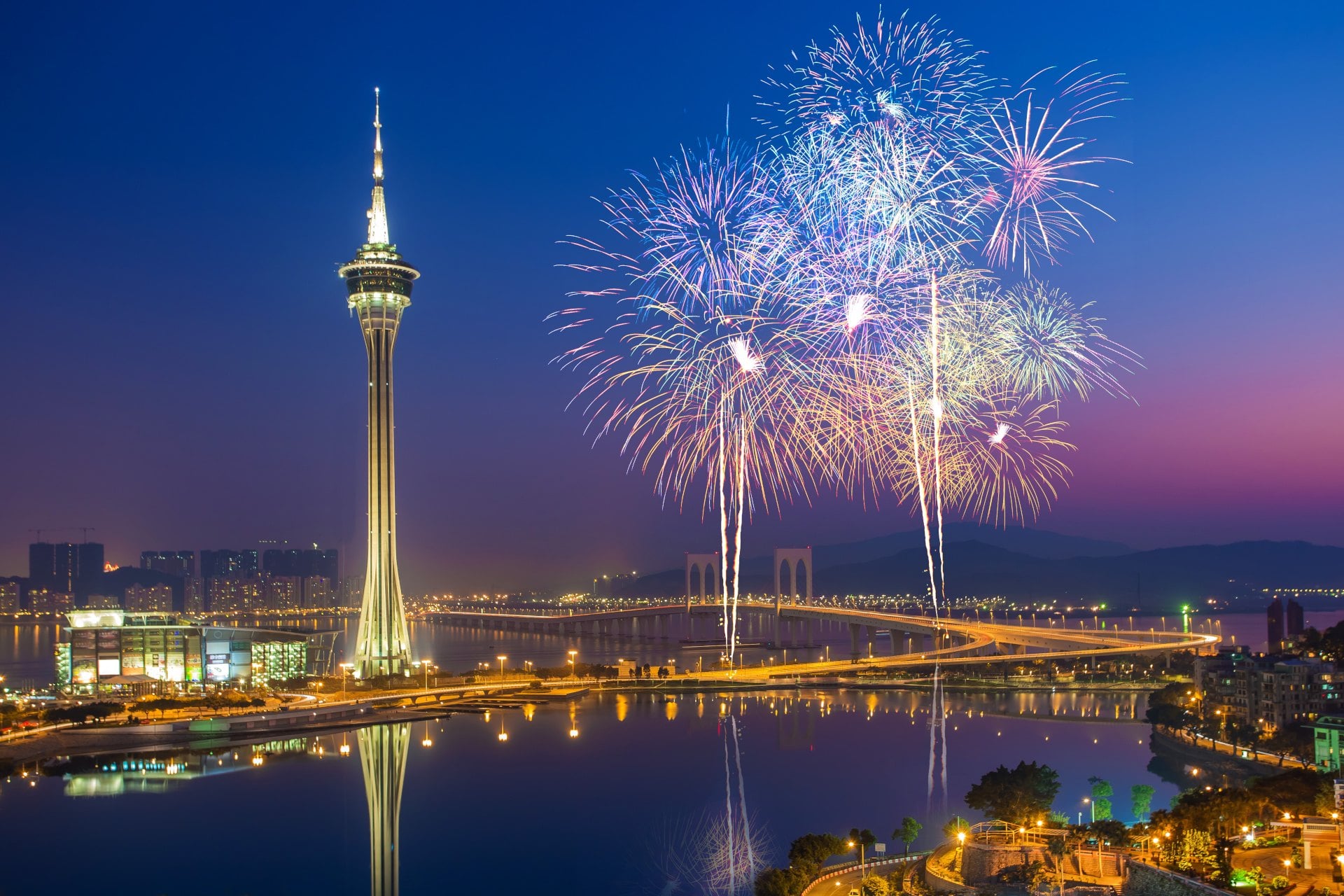 Macau Tower Fireworks bursting over Macau tower in Macau City, China
