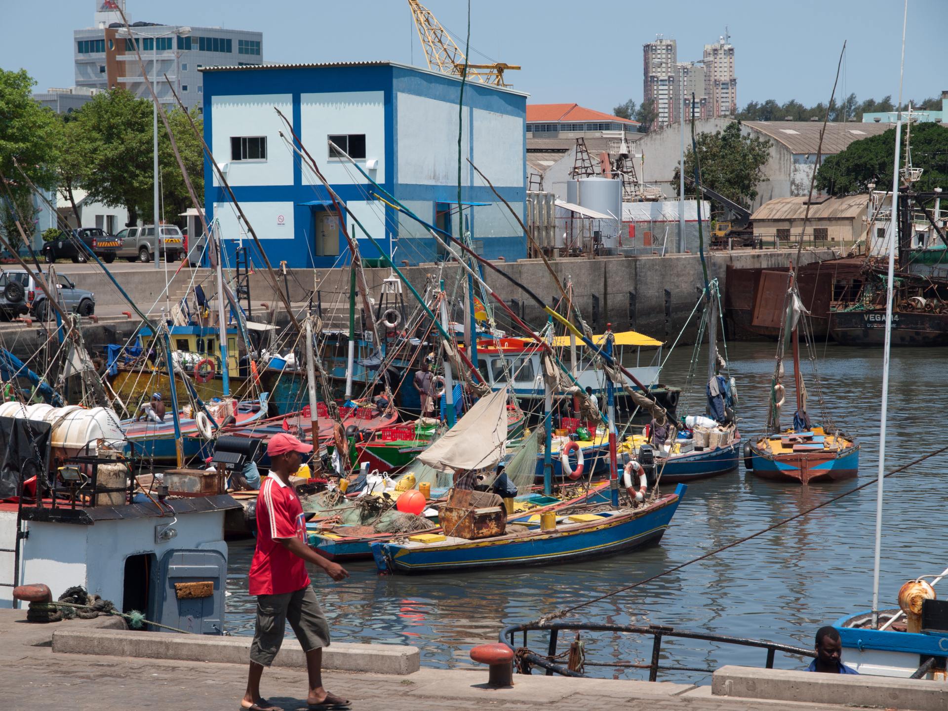 A harbor scene with colorful fishing boats, a man walking on the dock, and buildings in the background under a clear sky.