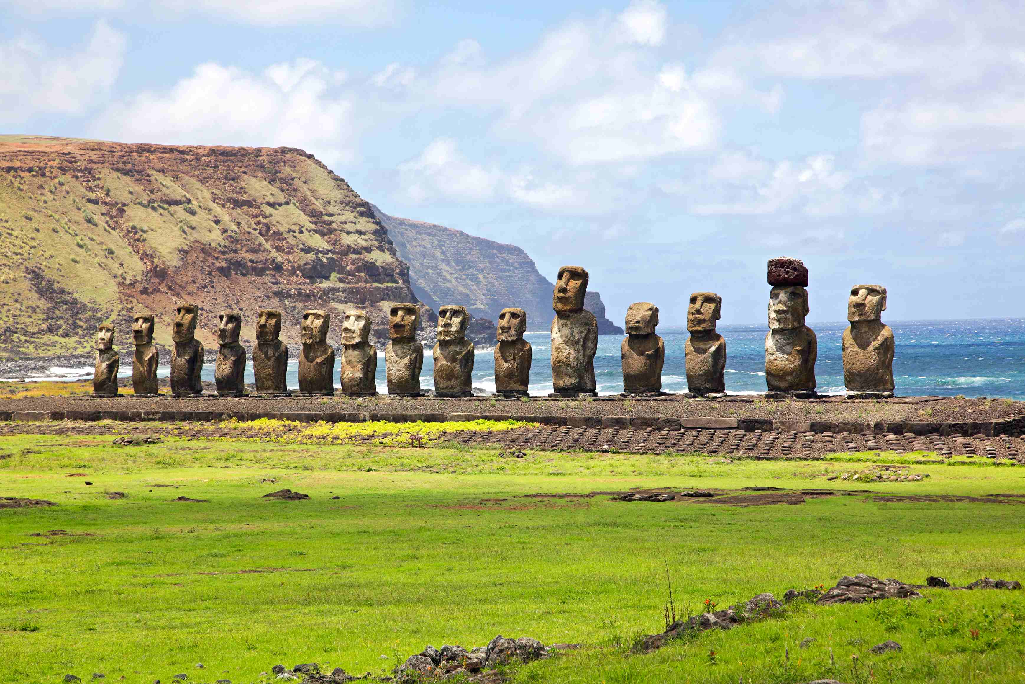 The moais stone platform of Ahu Tongariki on the south coast of Easter Island