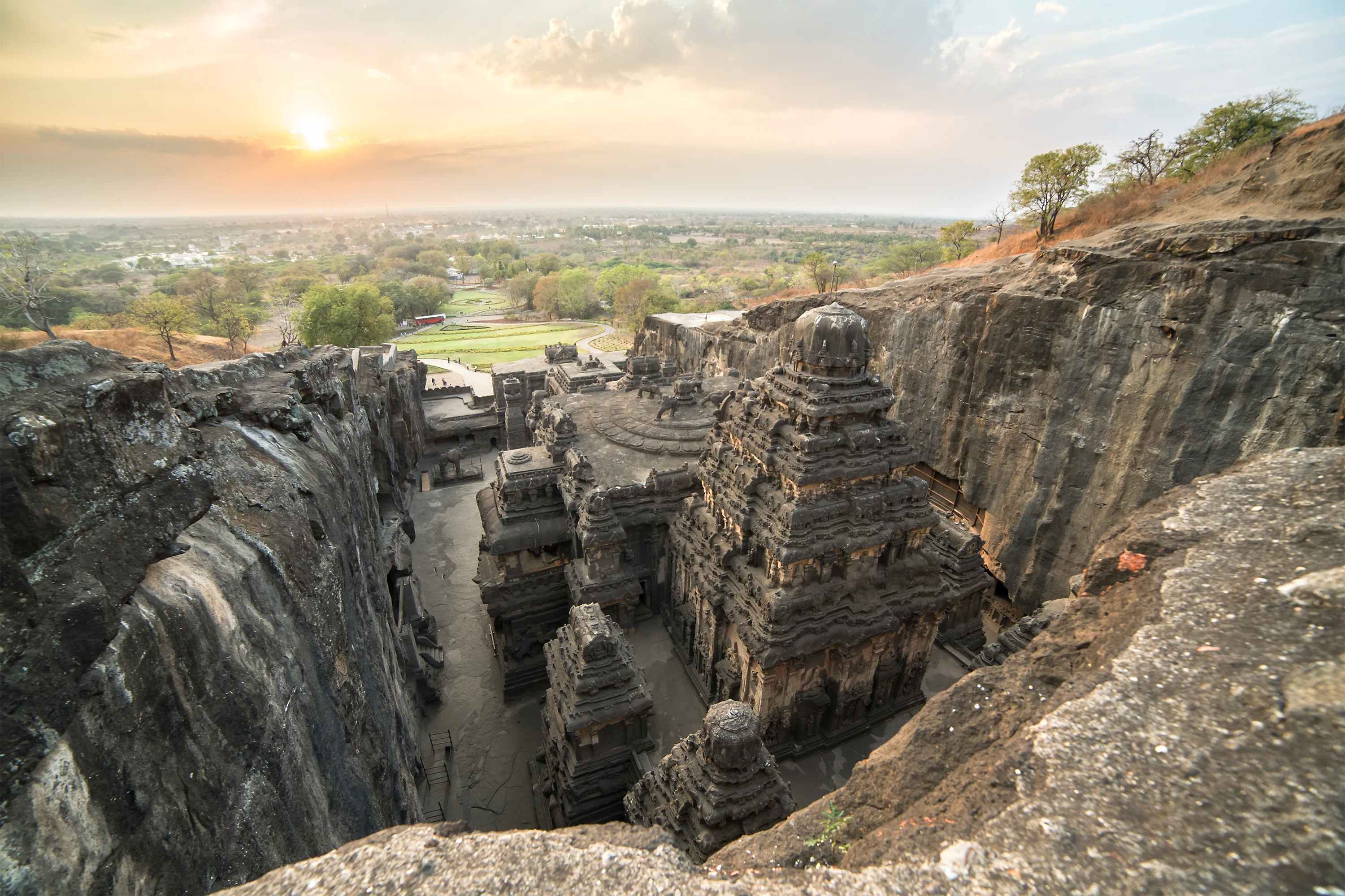 Sunset atop the Kailas temple in Ellora caves complex, a series of 34 magnificent rock-cut temples