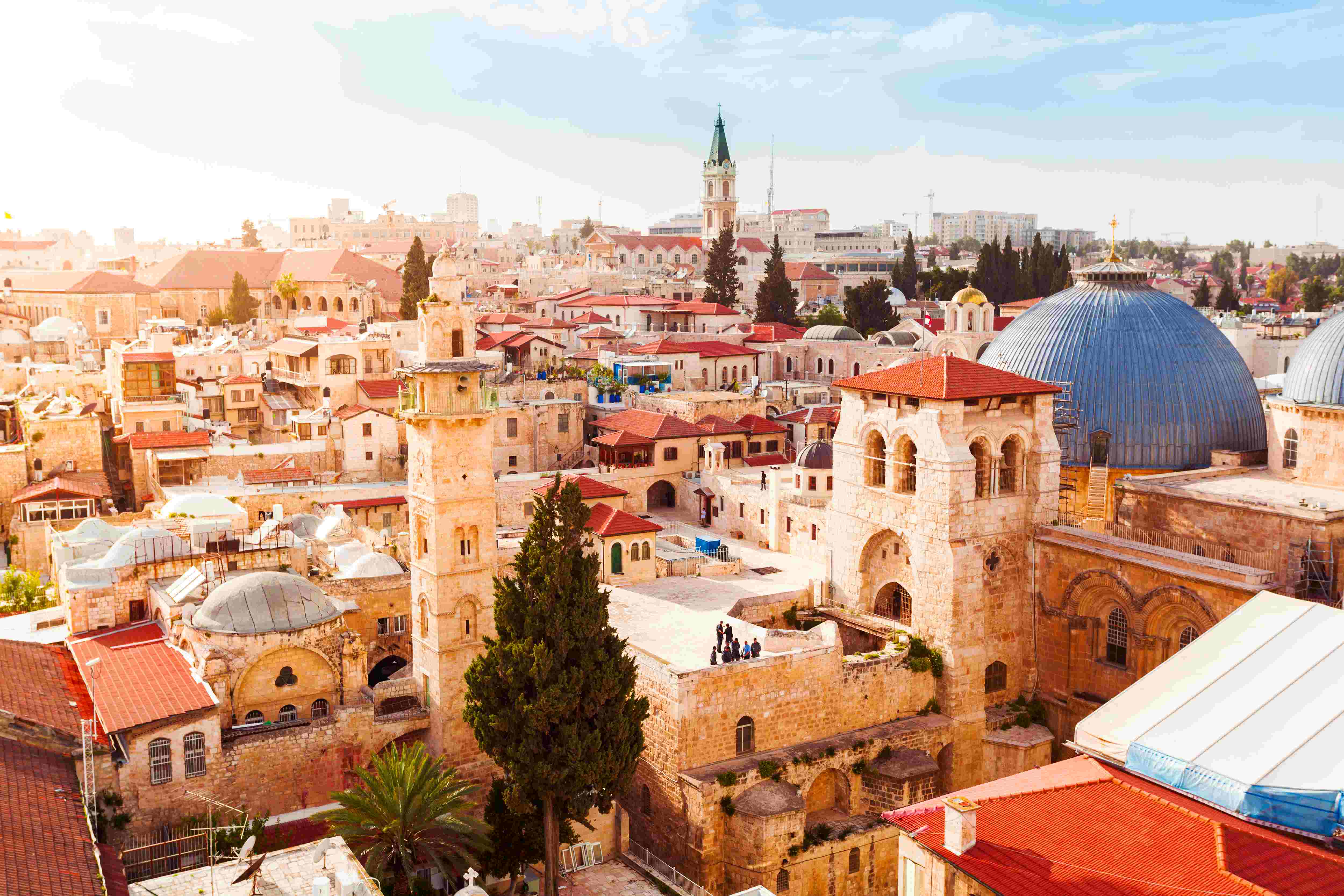 Aerial view of the Old City of Jerusalem with view of the Church of the Holy Sepulchre, Israel.