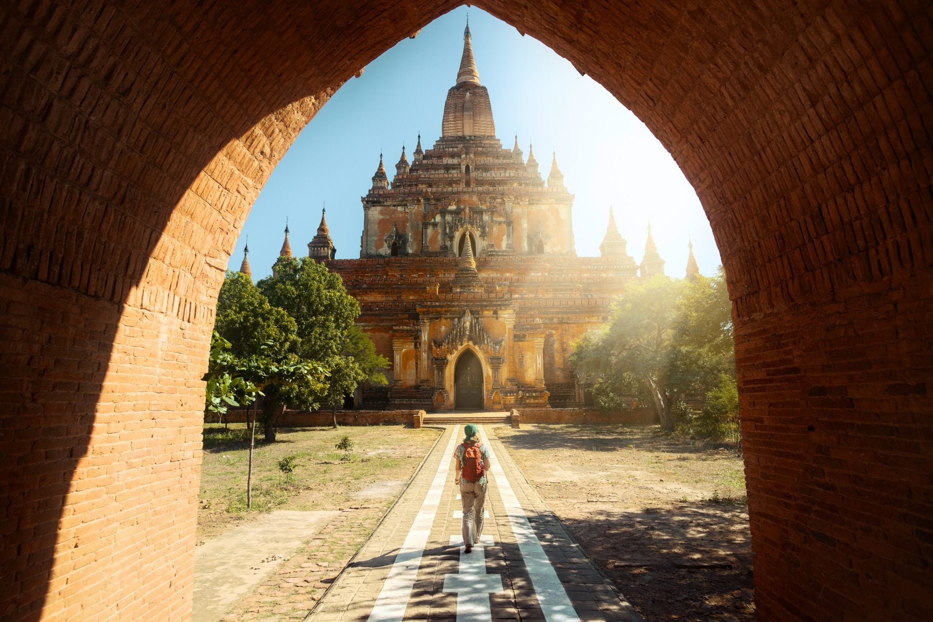 Htilominlo Temple, Bagan Traveler walking along the road to the Htilominlo temple in Bagan, Myanmar